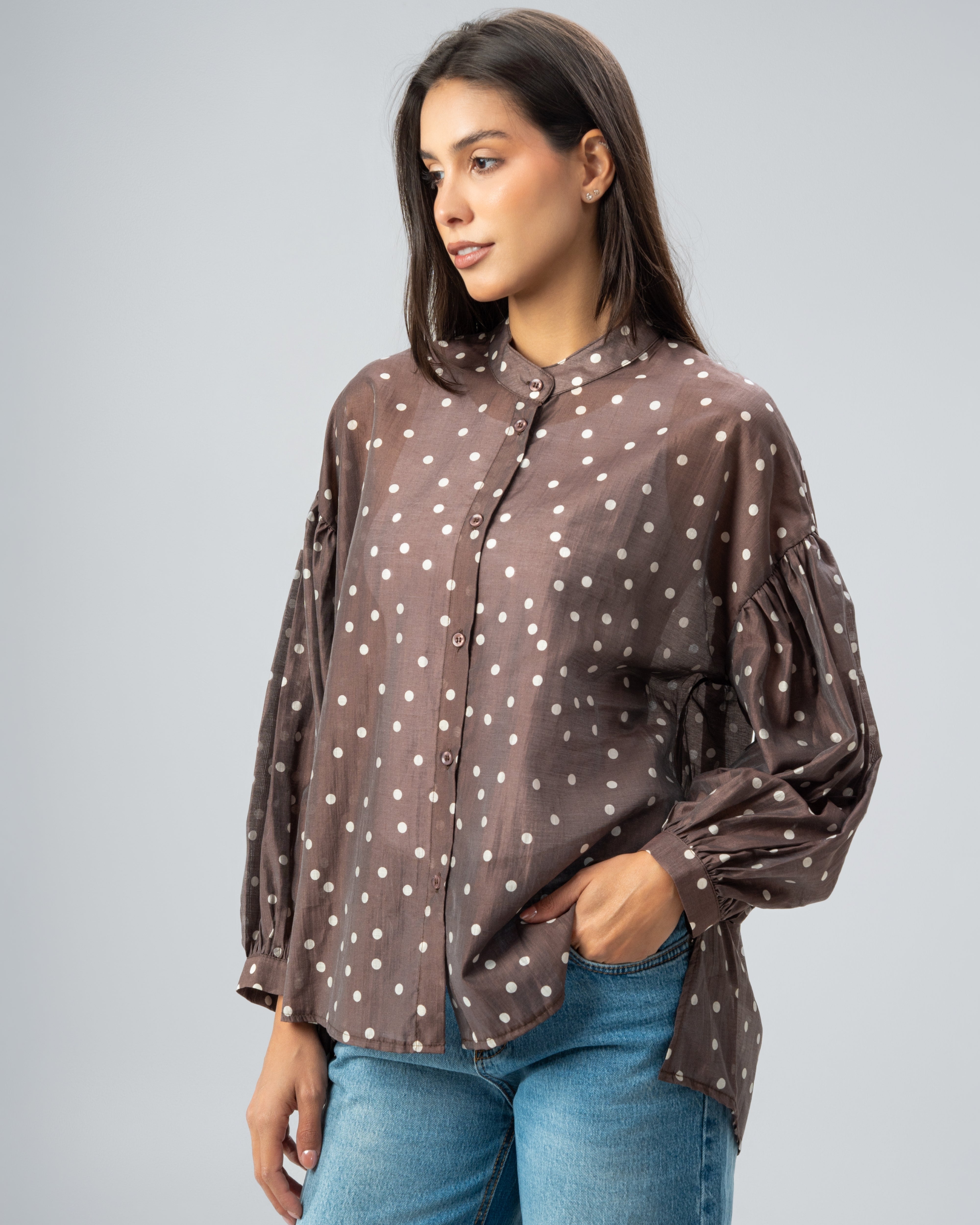 Polka Dot Silky Shirt with Puff Sleeves
