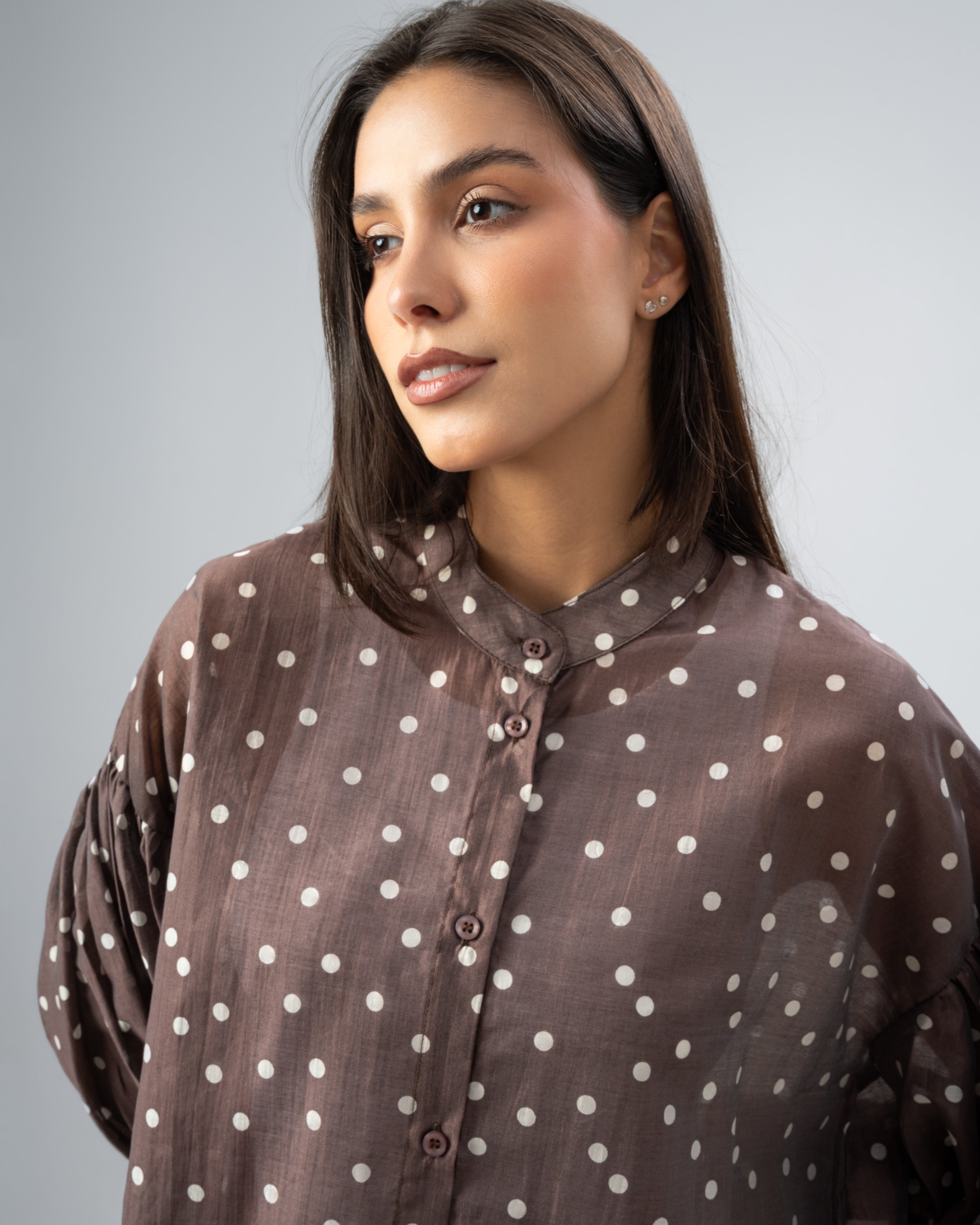 Polka Dot Silky Shirt with Puff Sleeves