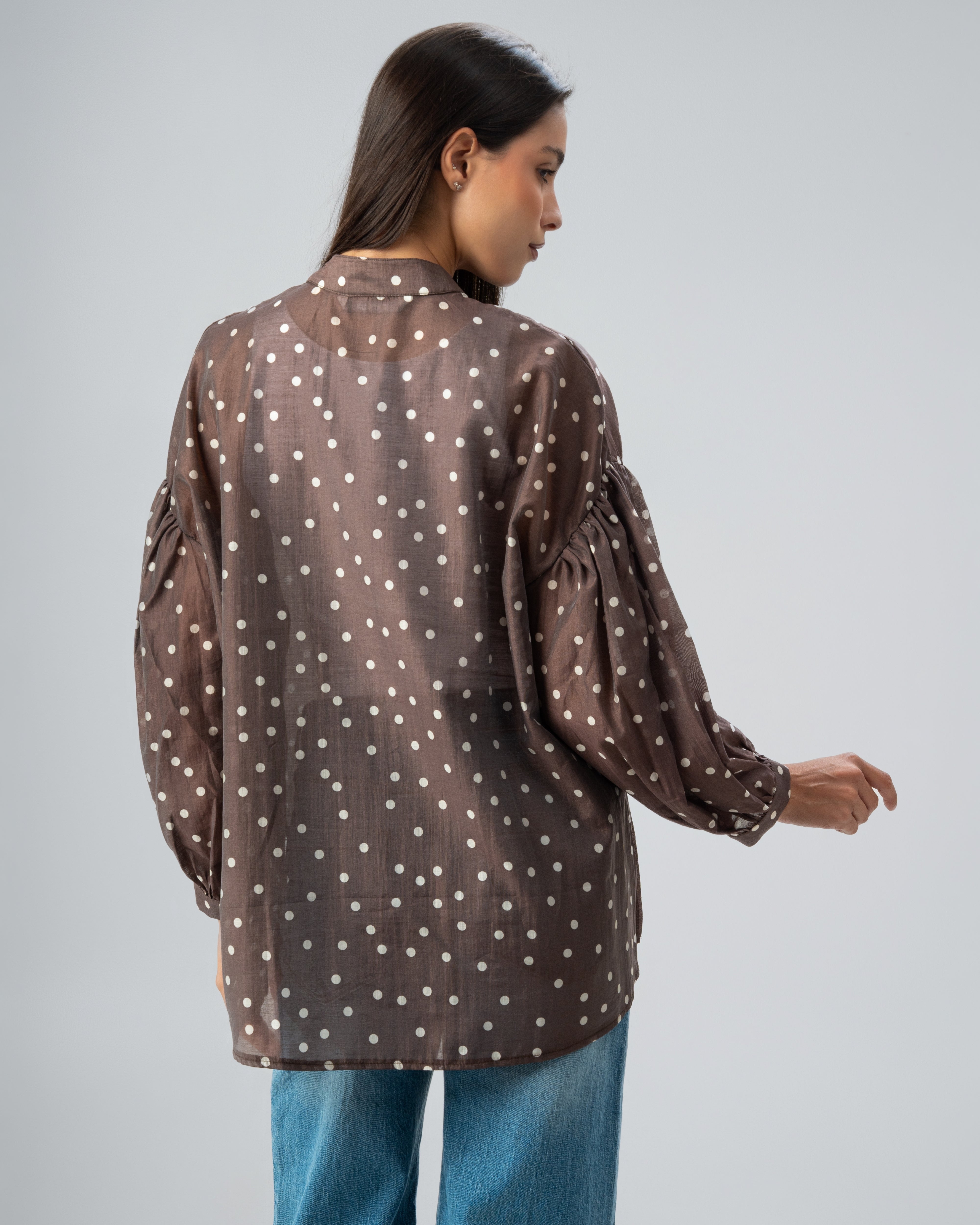 Polka Dot Silky Shirt with Puff Sleeves
