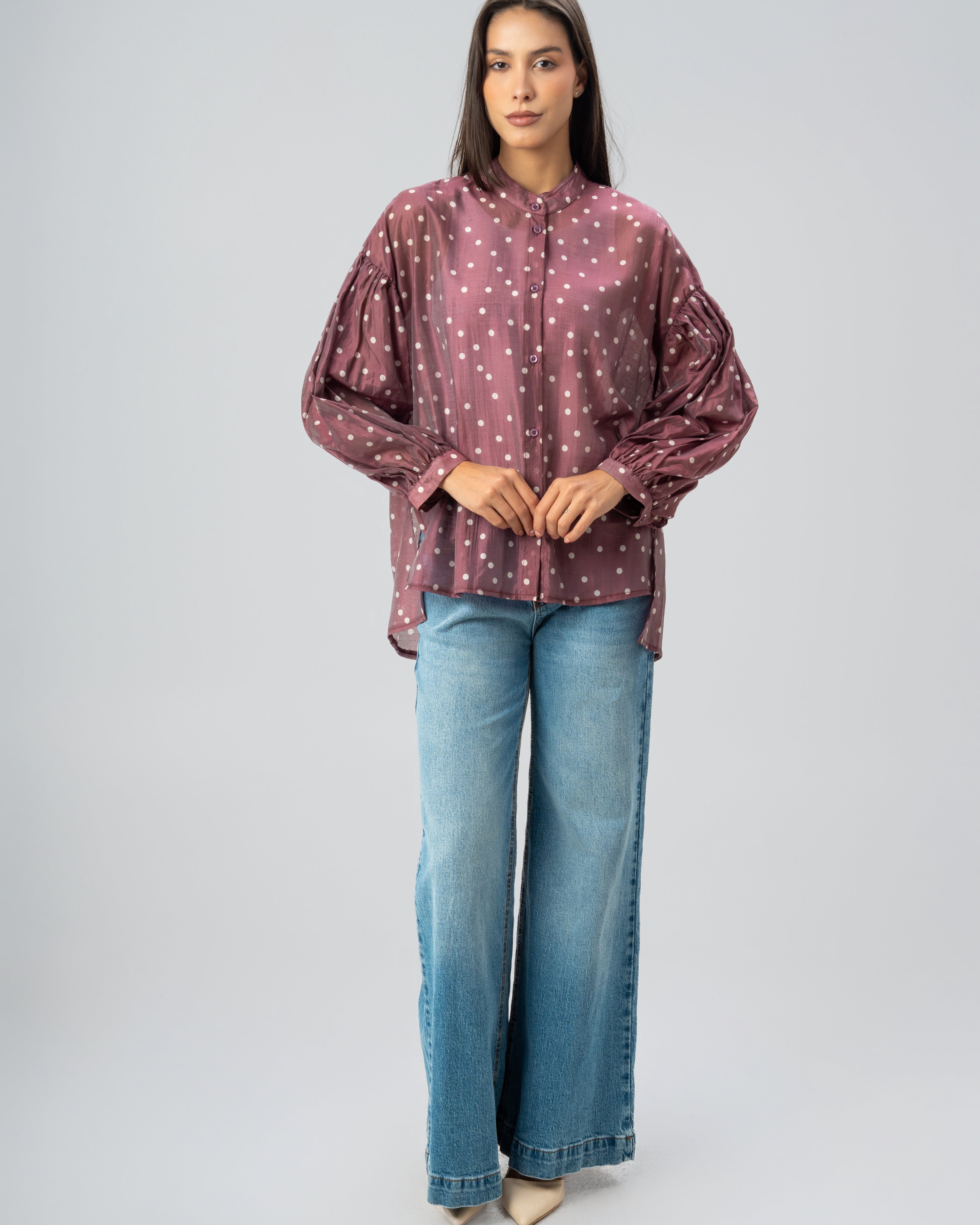 Polka Dot Silky Shirt with Puff Sleeves