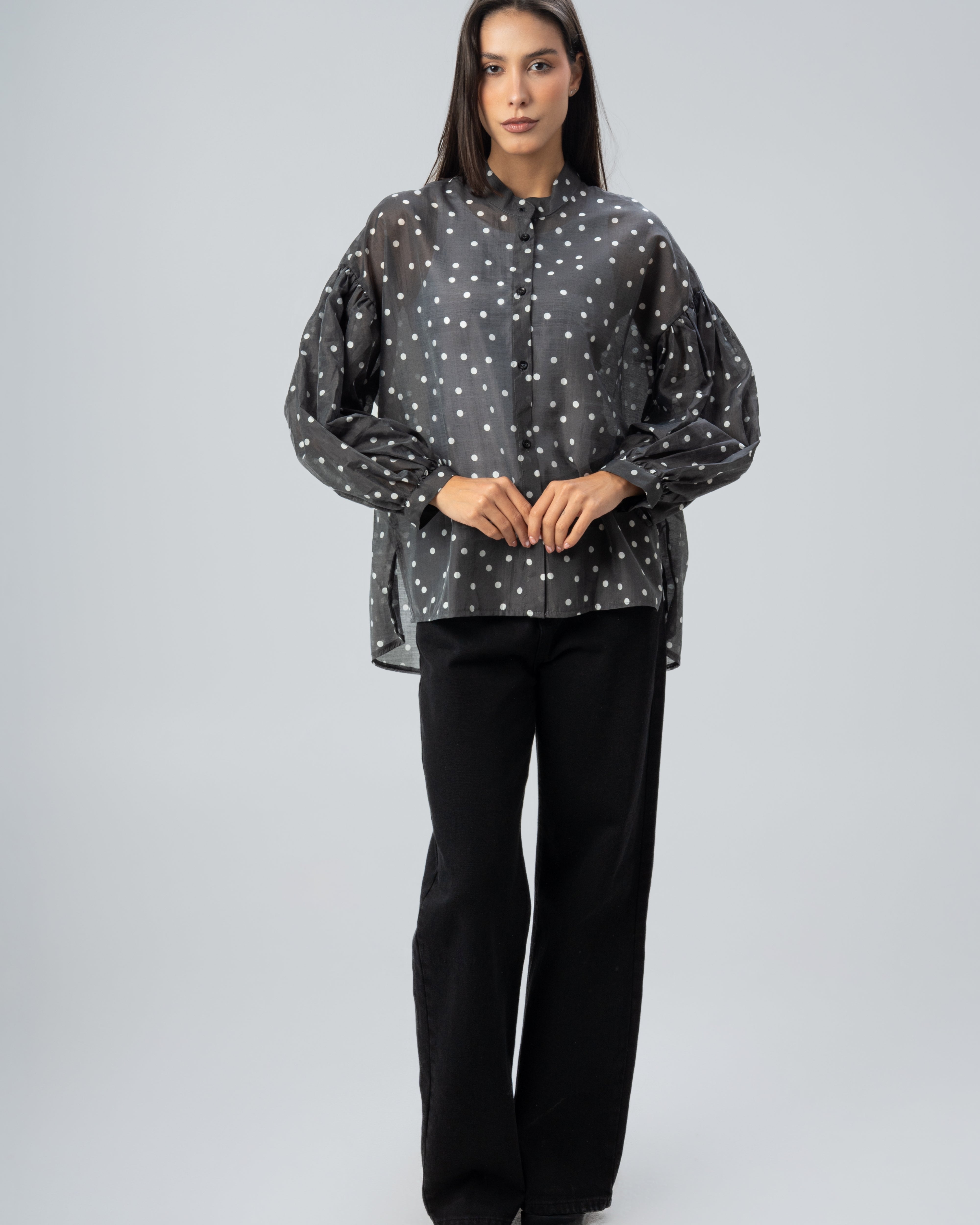 Polka Dot Silky Shirt with Puff Sleeves
