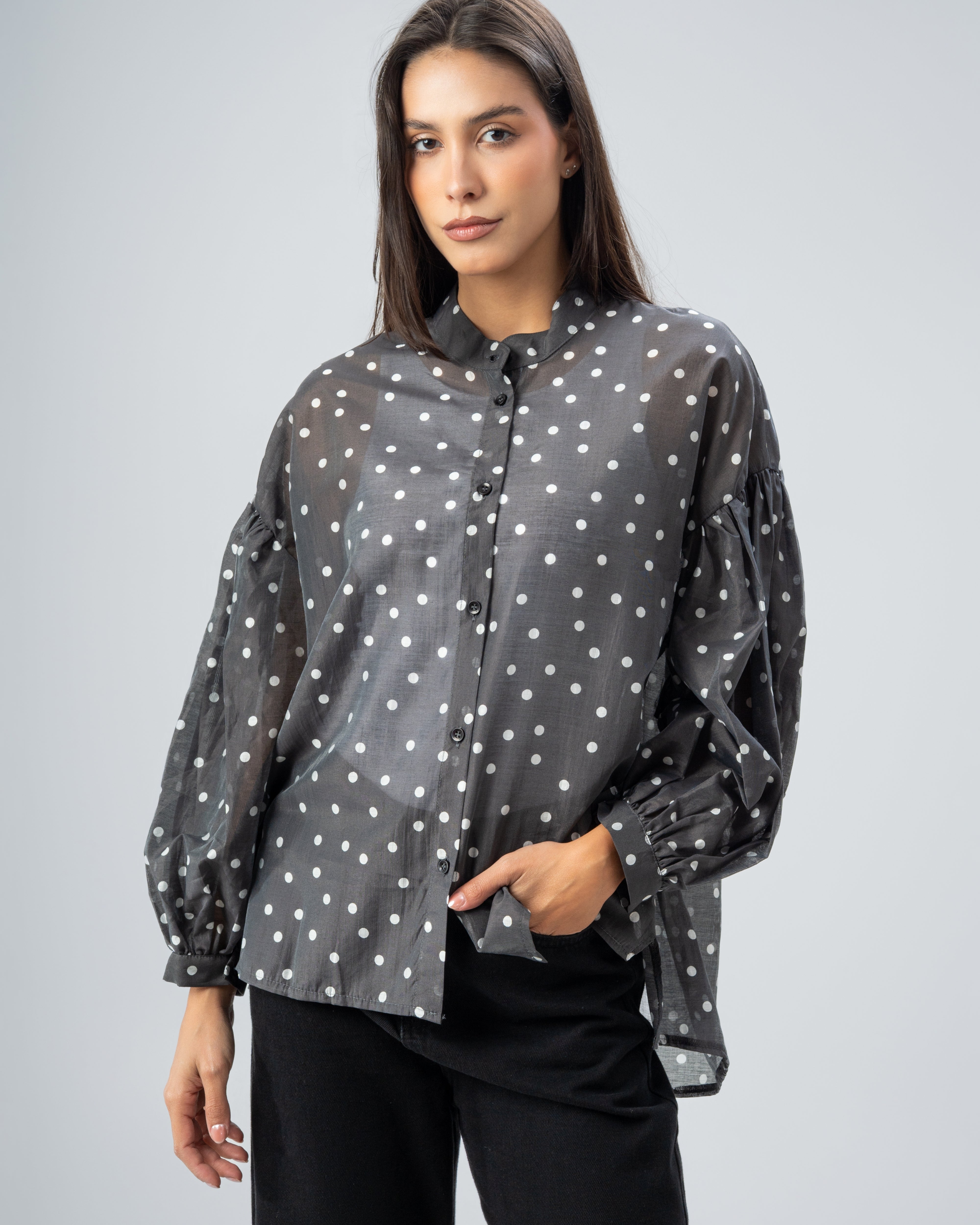 Polka Dot Silky Shirt with Puff Sleeves