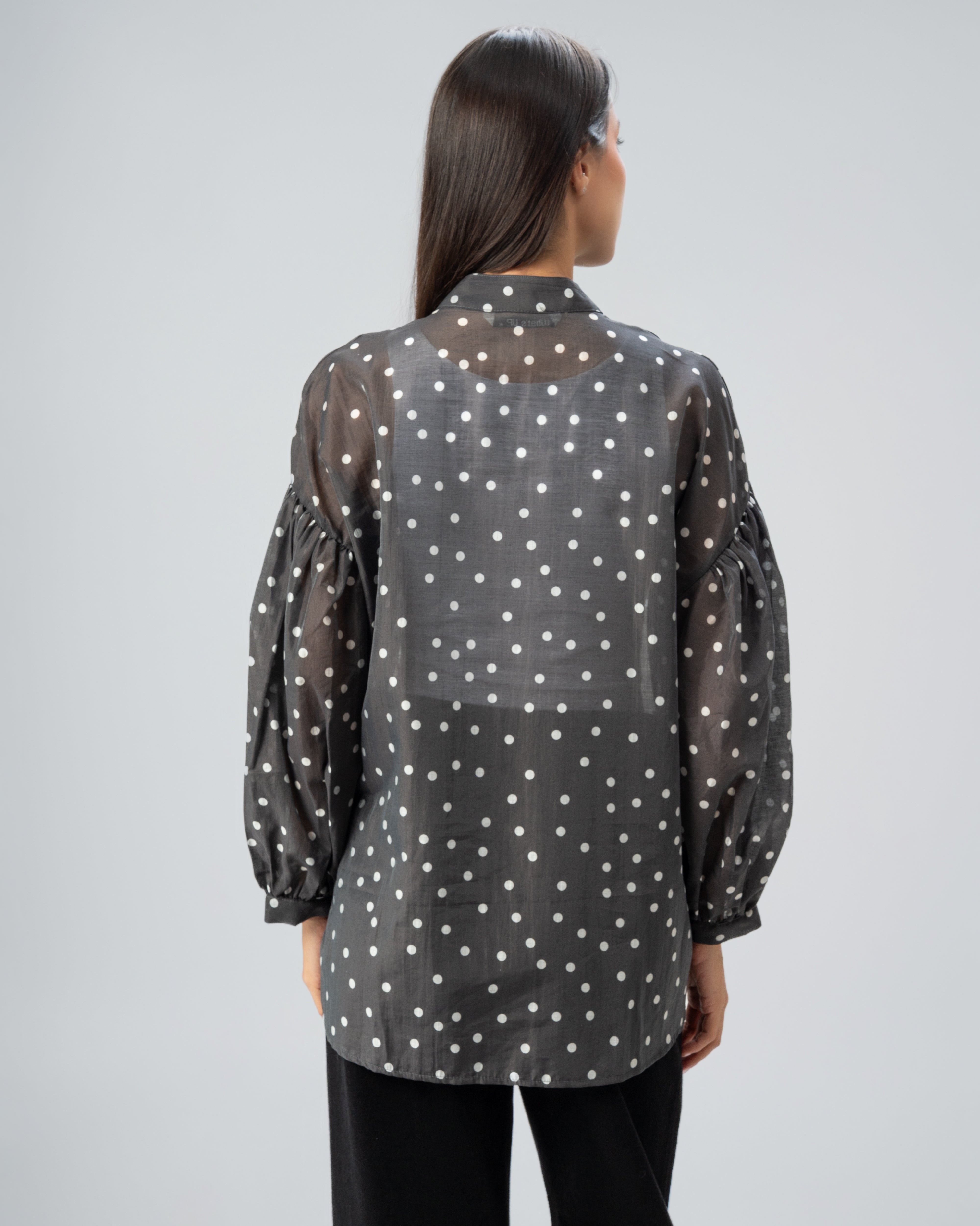 Polka Dot Silky Shirt with Puff Sleeves