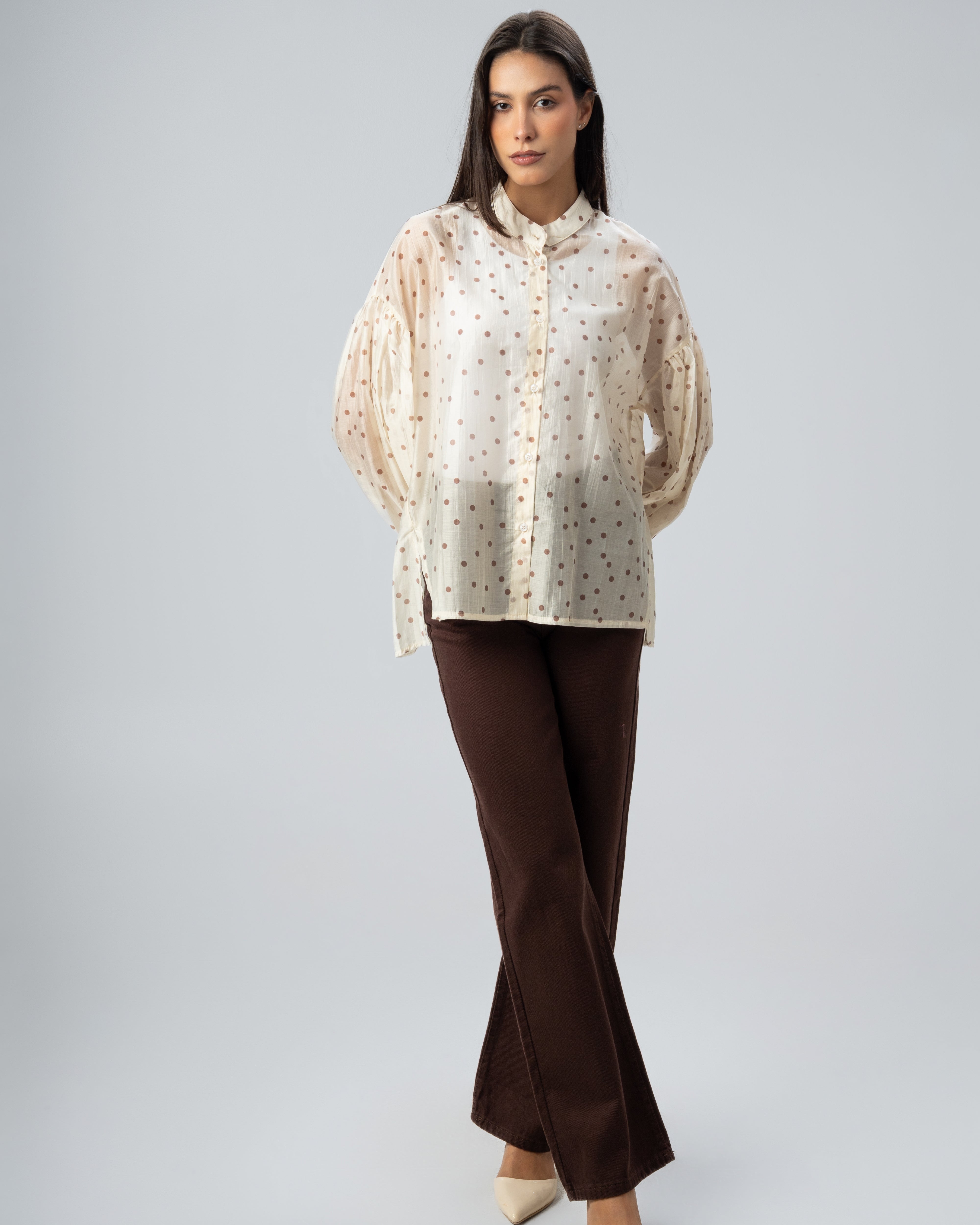 Polka Dot Silky Shirt with Puff Sleeves