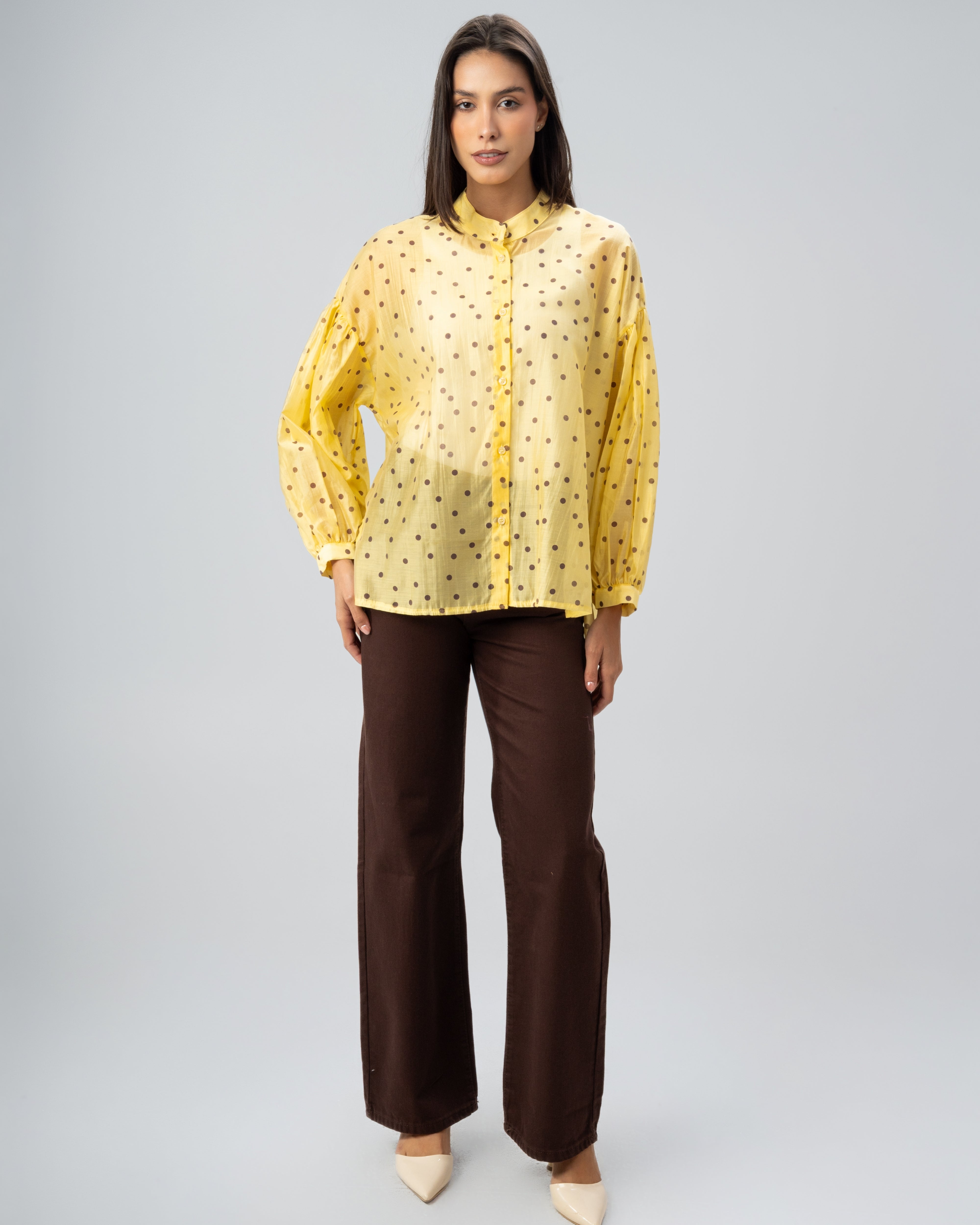 Polka Dot Silky Shirt with Puff Sleeves