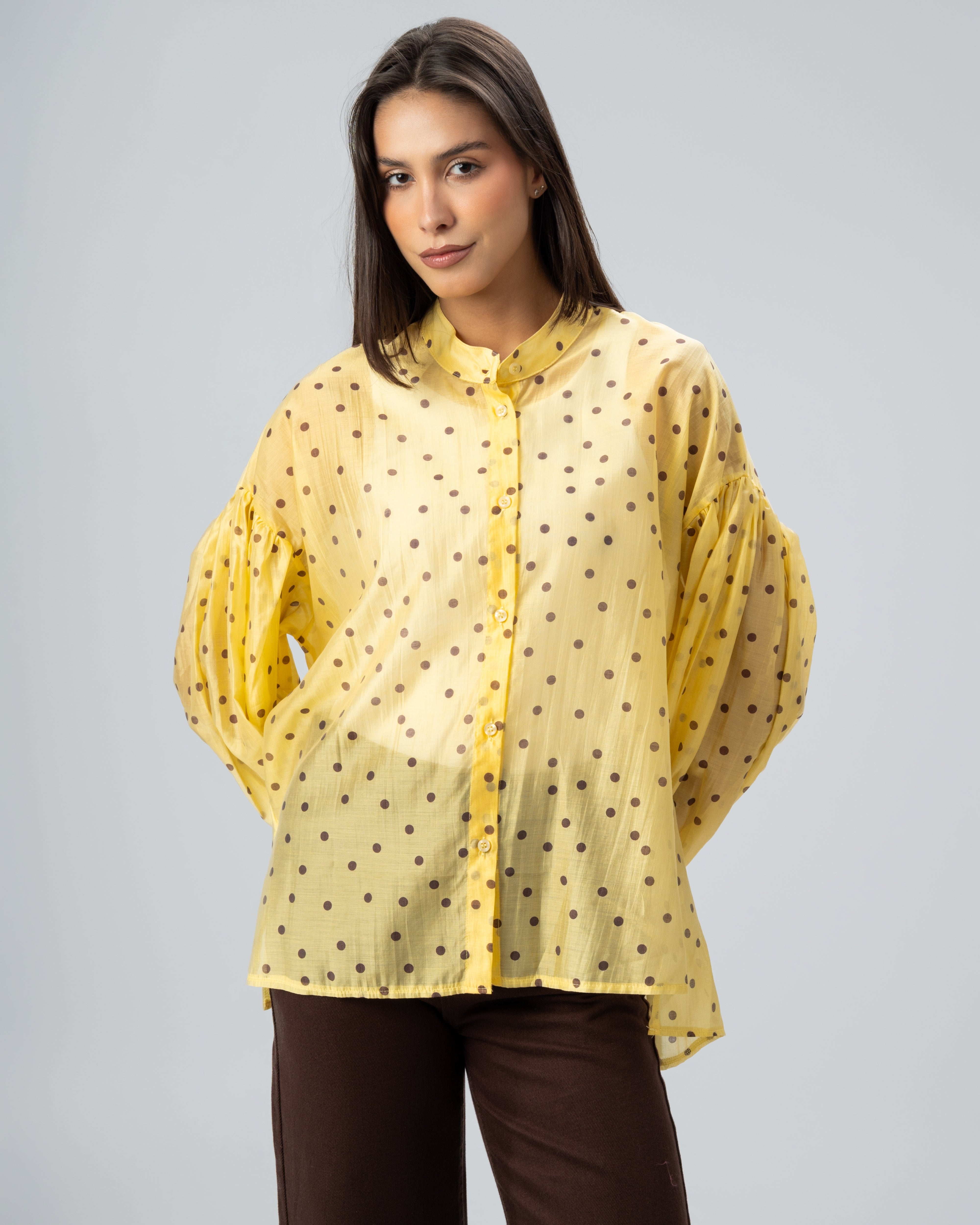 Polka Dot Silky Shirt with Puff Sleeves
