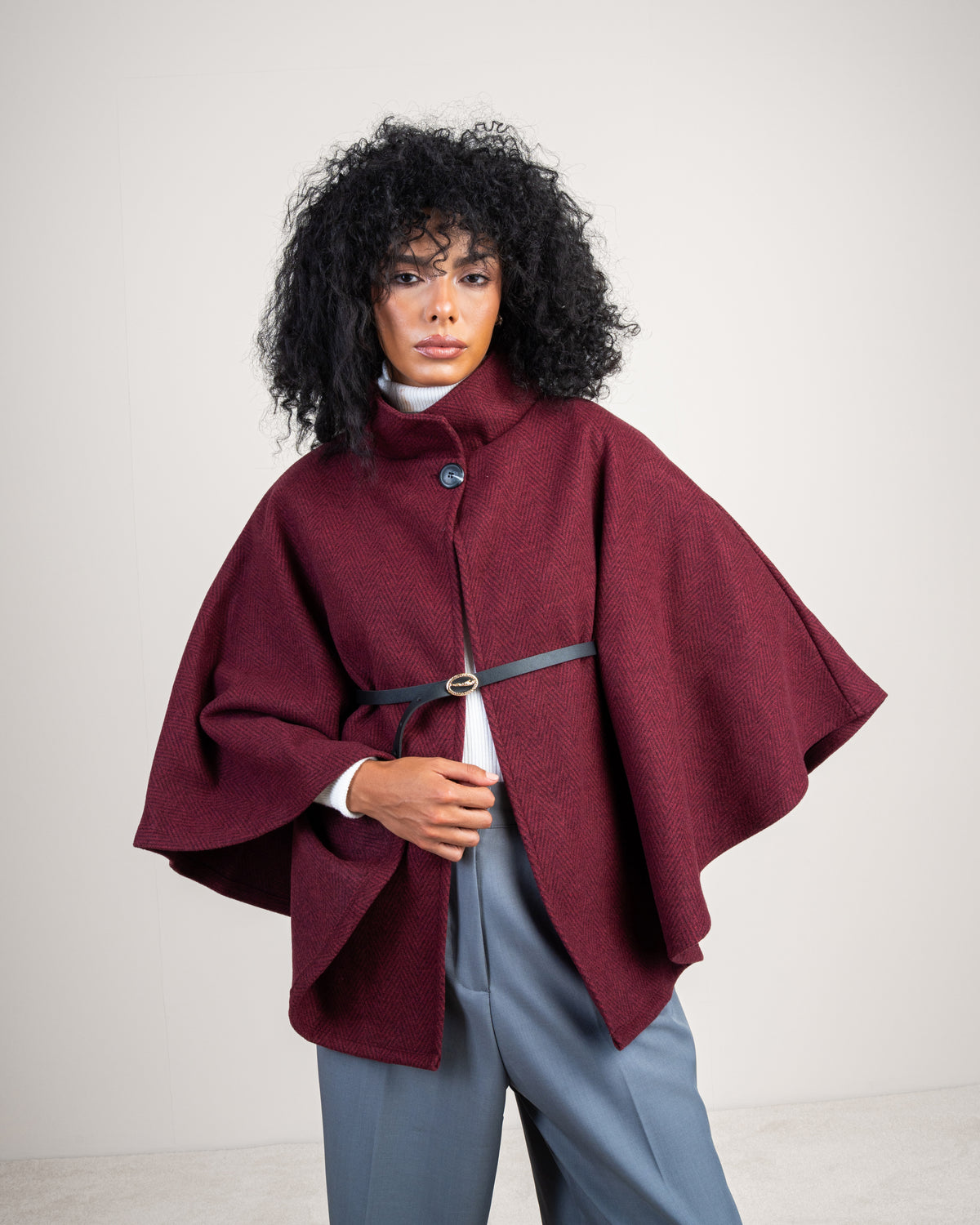 Open Wool Cape - With Belt And Buttons