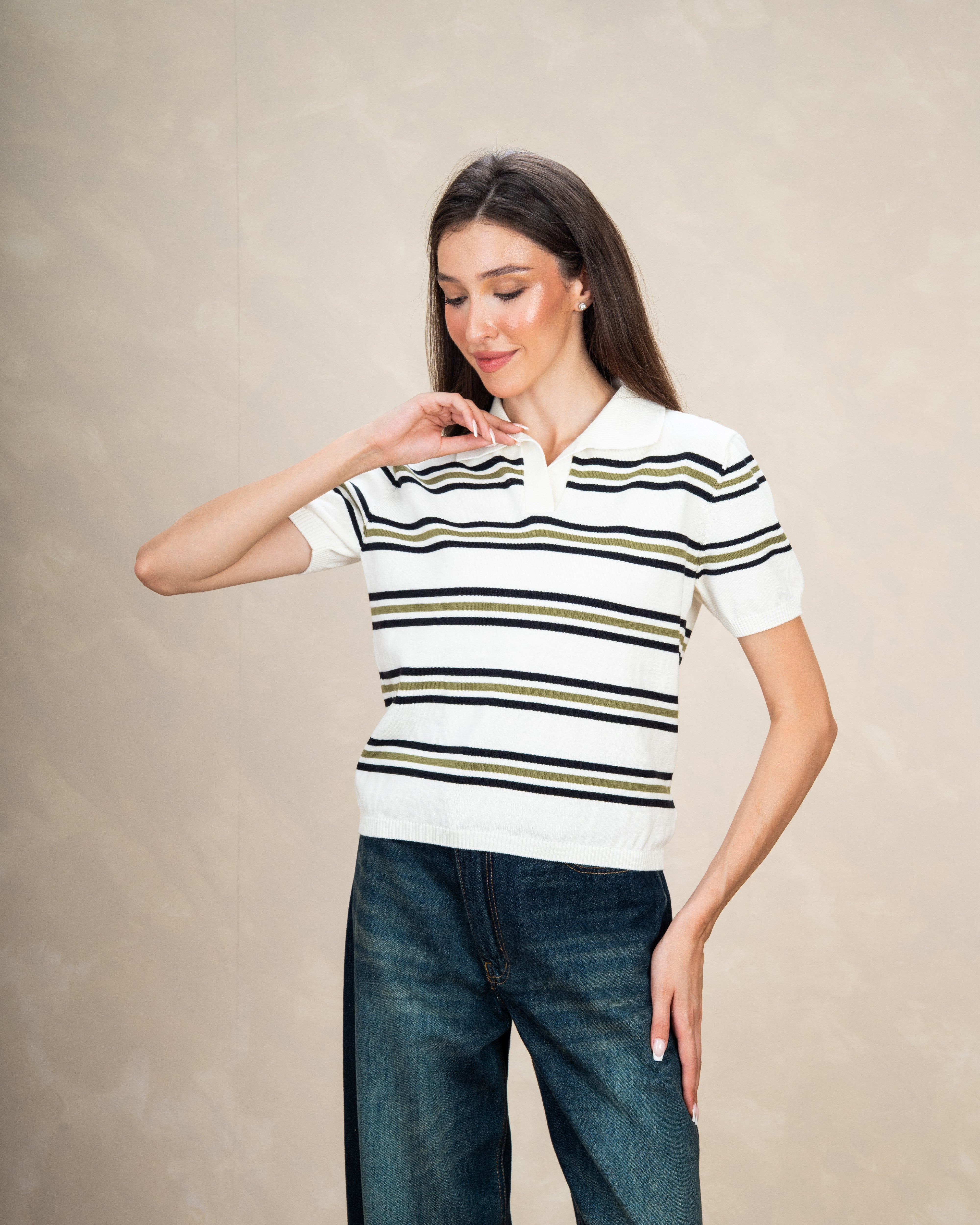Basic Collared Top With Patterned Stripes