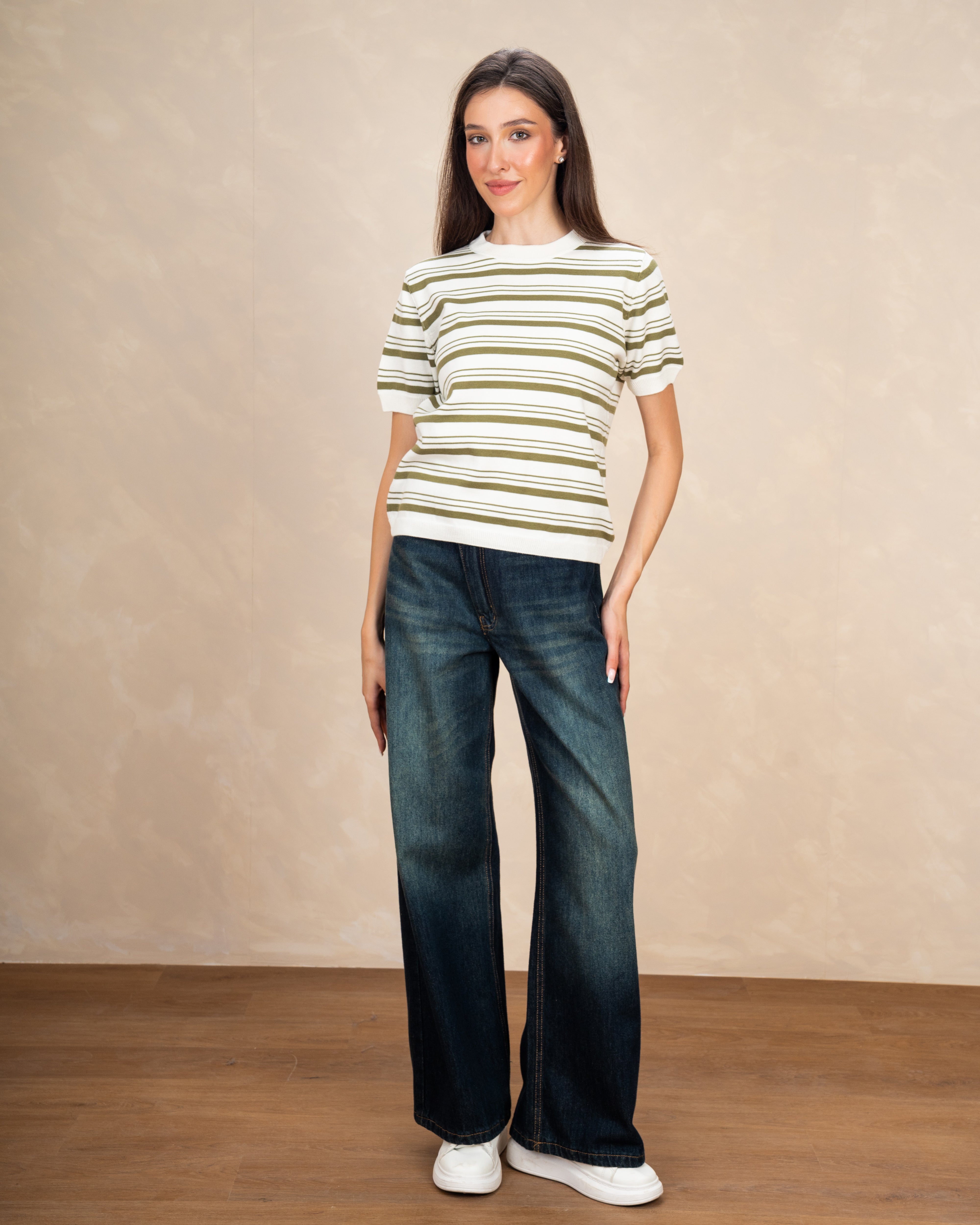 Basic Round Neck Top With Subtle Color Stripes