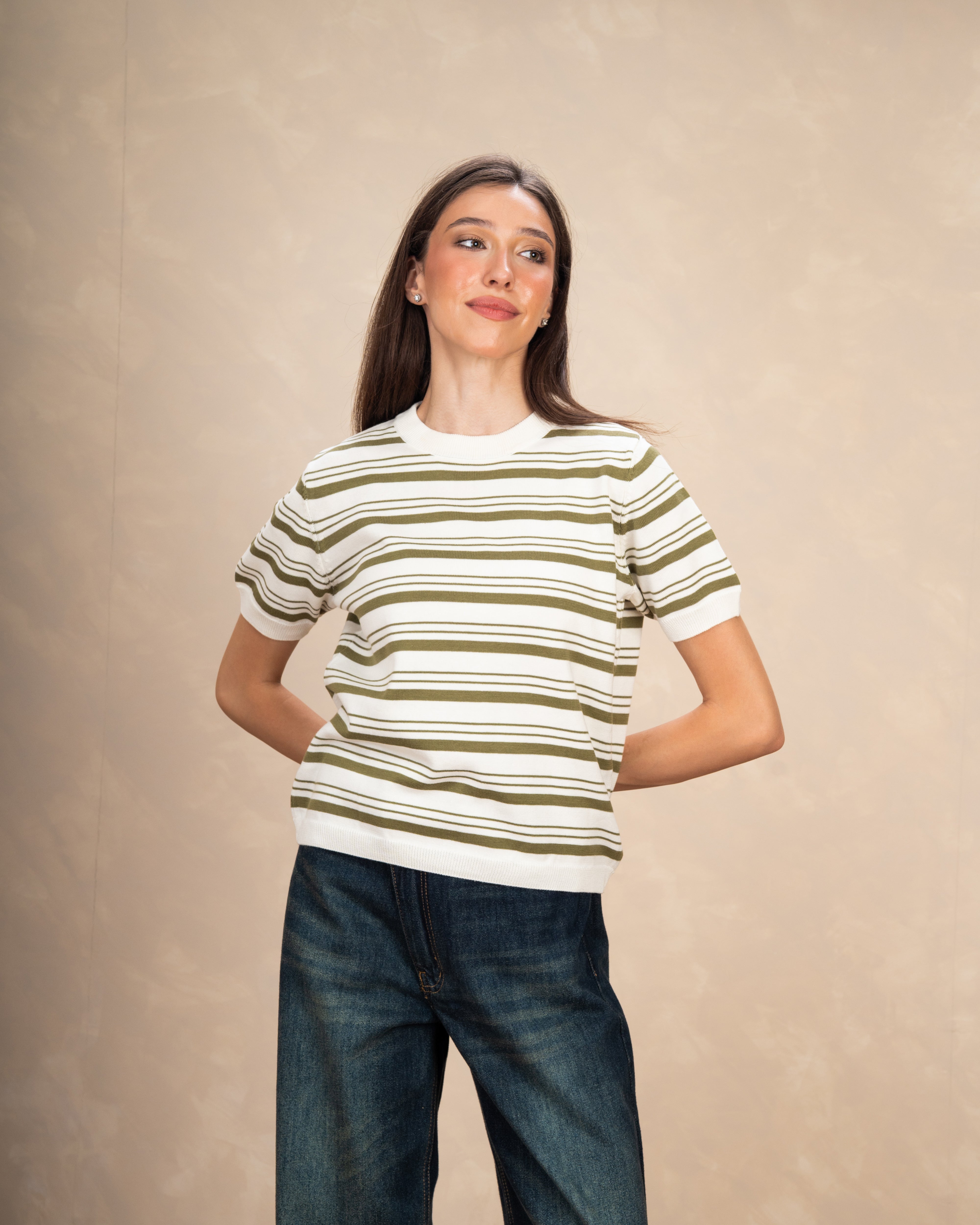 Basic Round Neck Top With Subtle Color Stripes