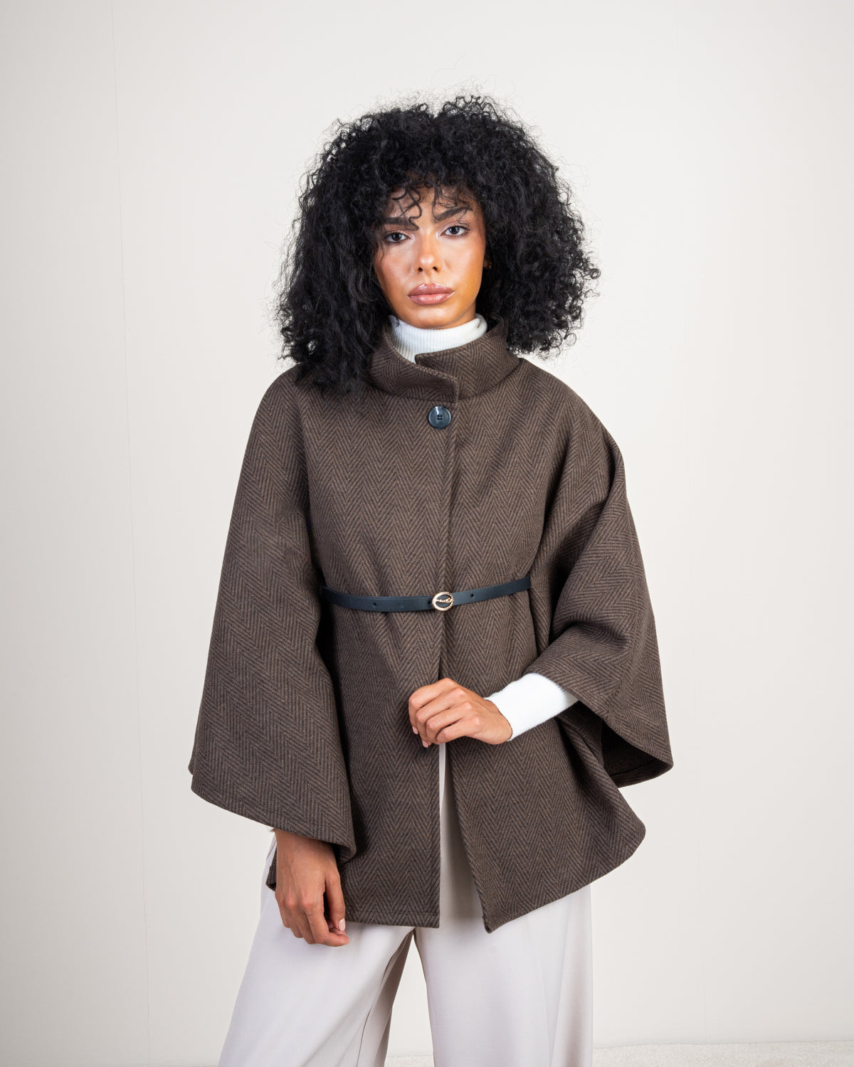 Open Wool Cape - With Belt And Buttons