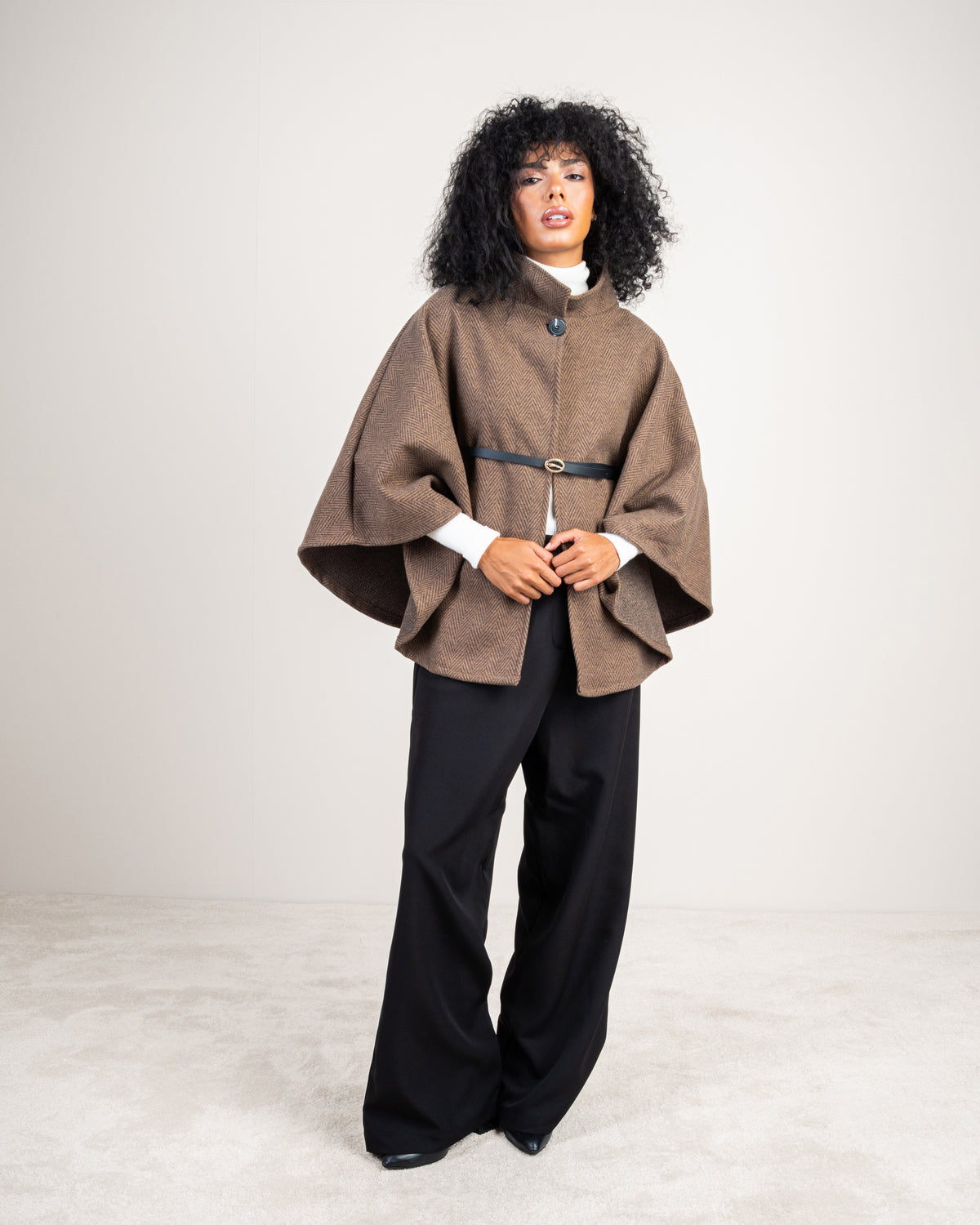 Open Wool Cape - With Belt And Buttons