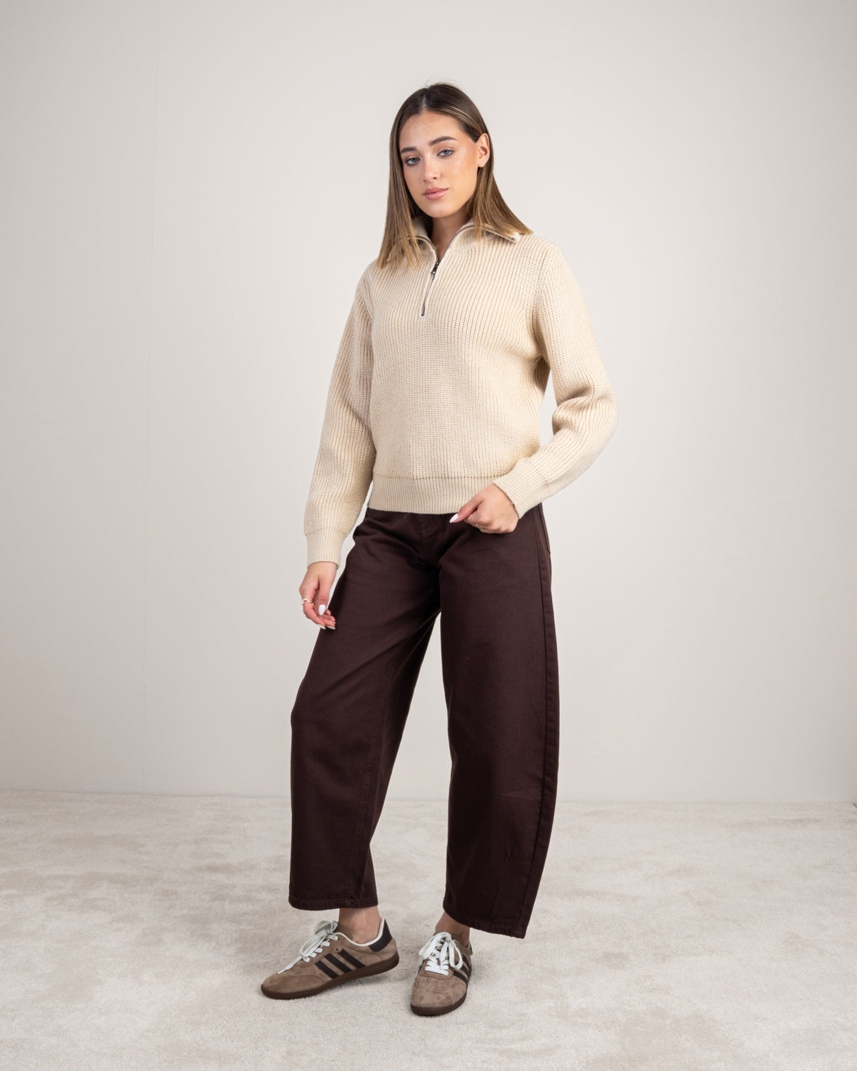 Cropped Knitwear Pullover - With Zip Neck