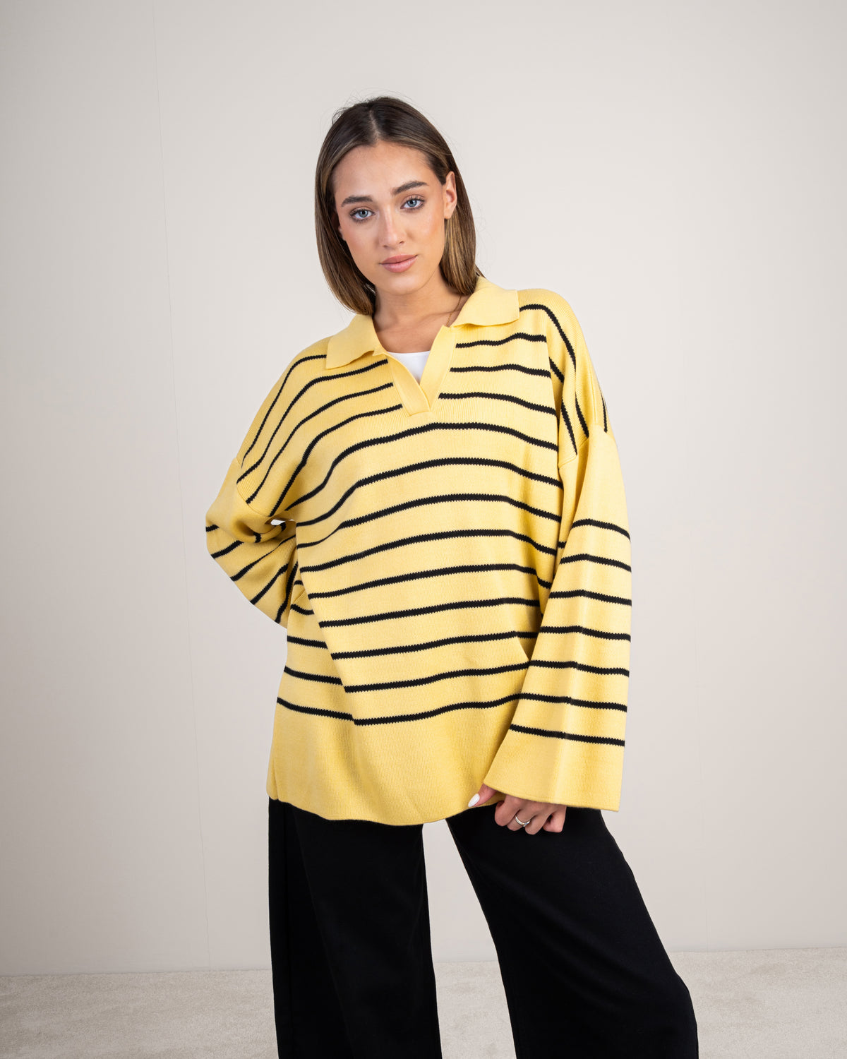 Striped Knitwear Pullover - With Long Collar