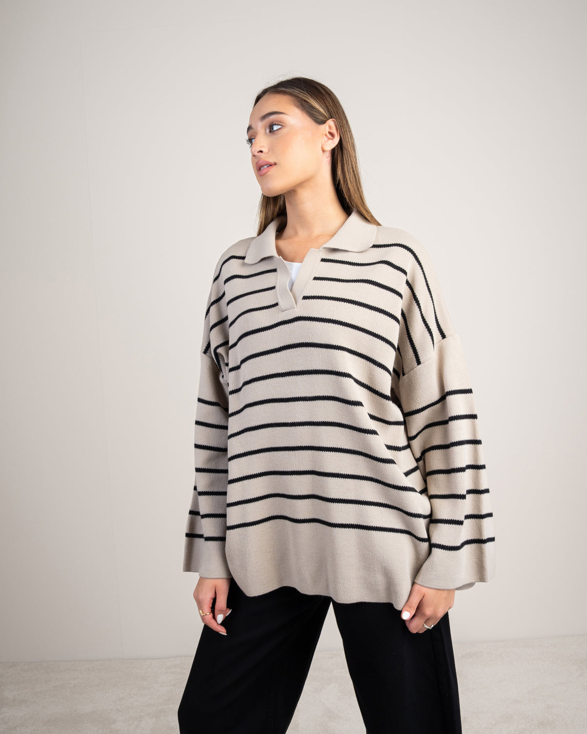Striped Knitwear Pullover - With Long Collar