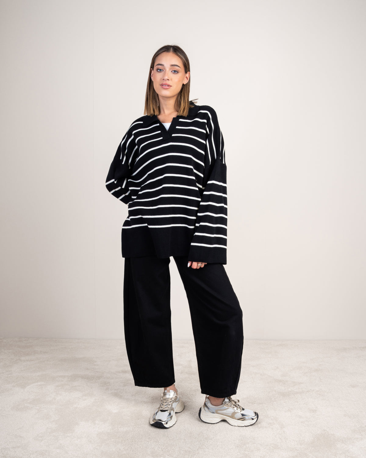 Striped Knitwear Pullover - With Long Collar