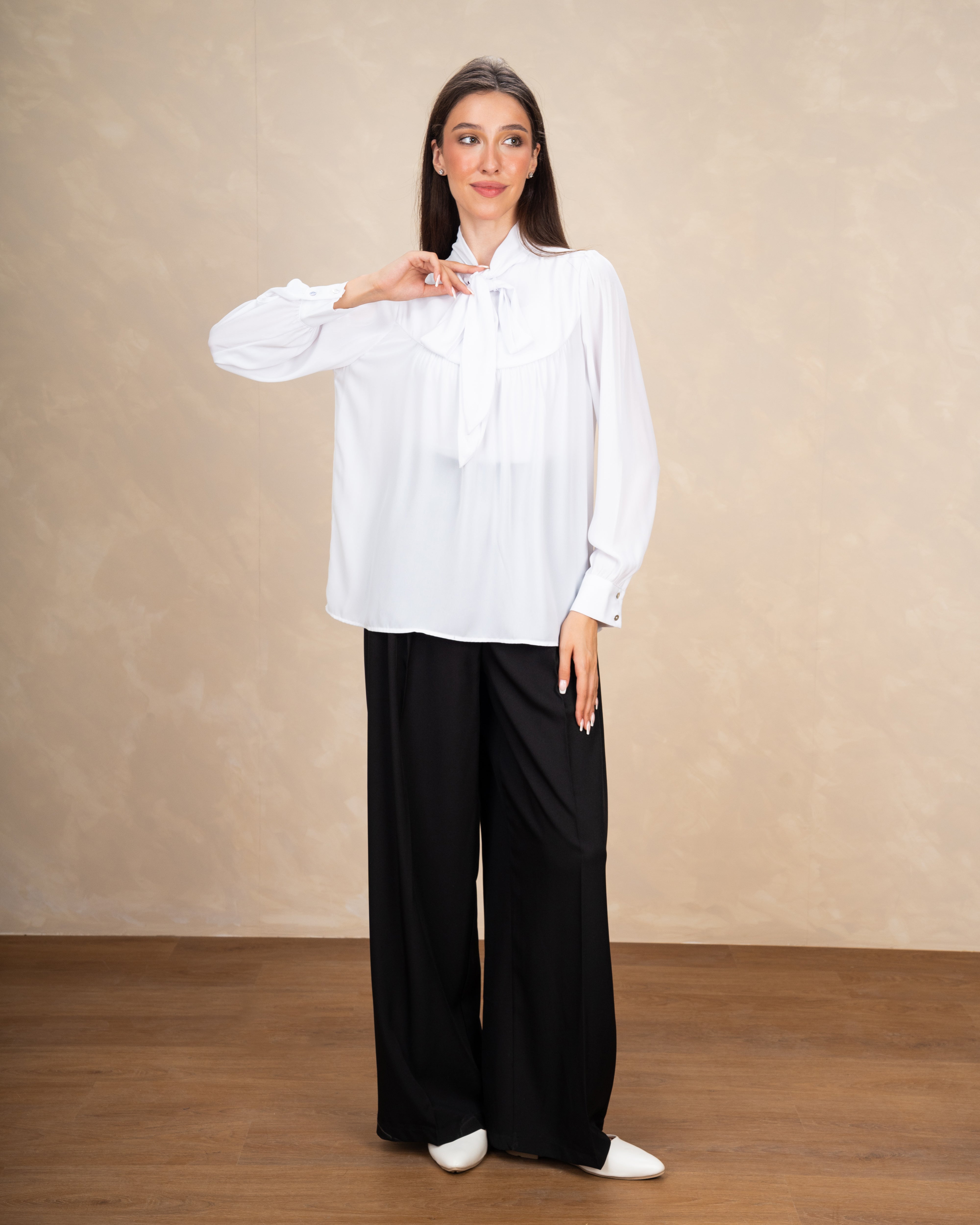 Long Plain Blouse With Colorful Neck Tie