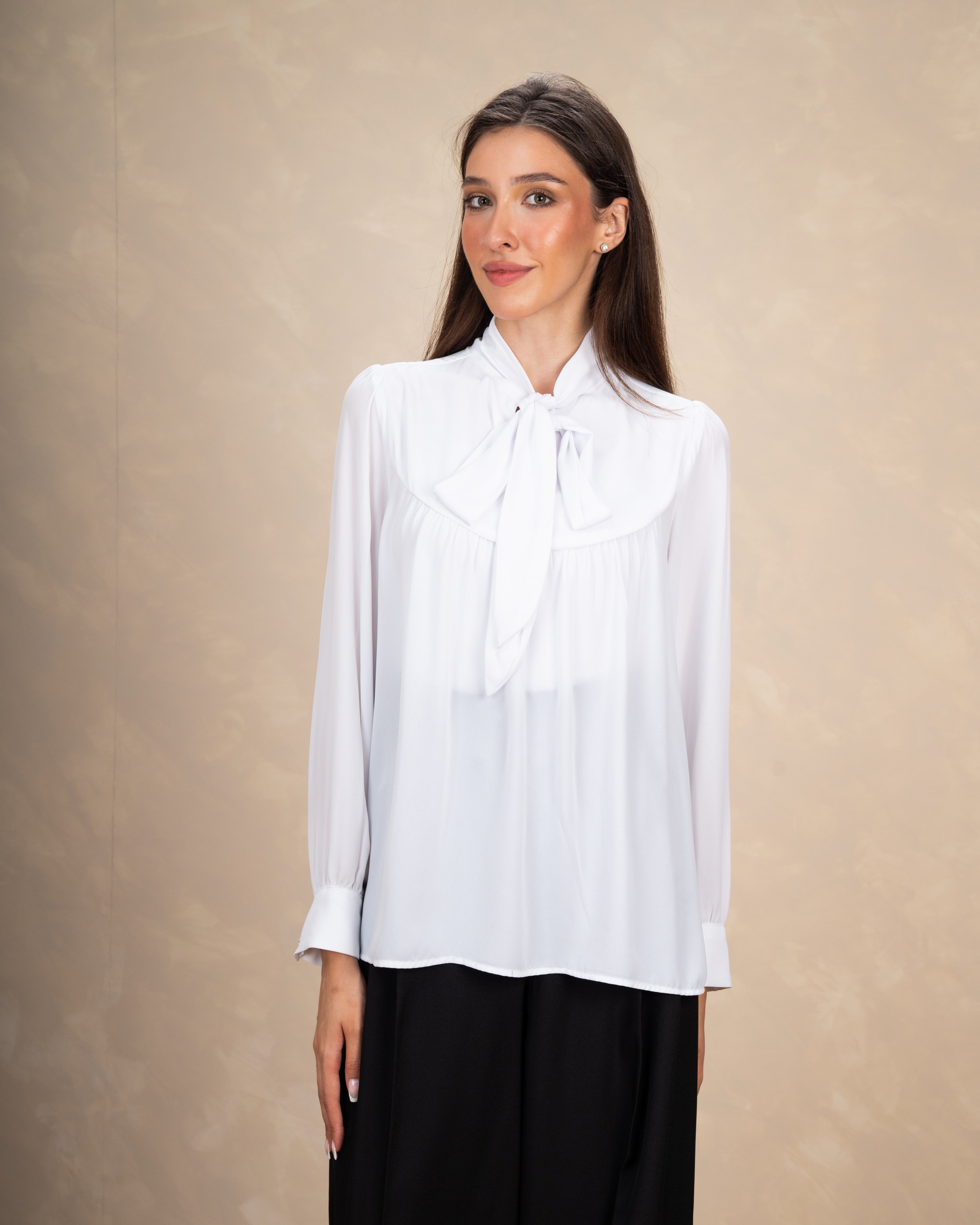 Long Plain Blouse With Colorful Neck Tie