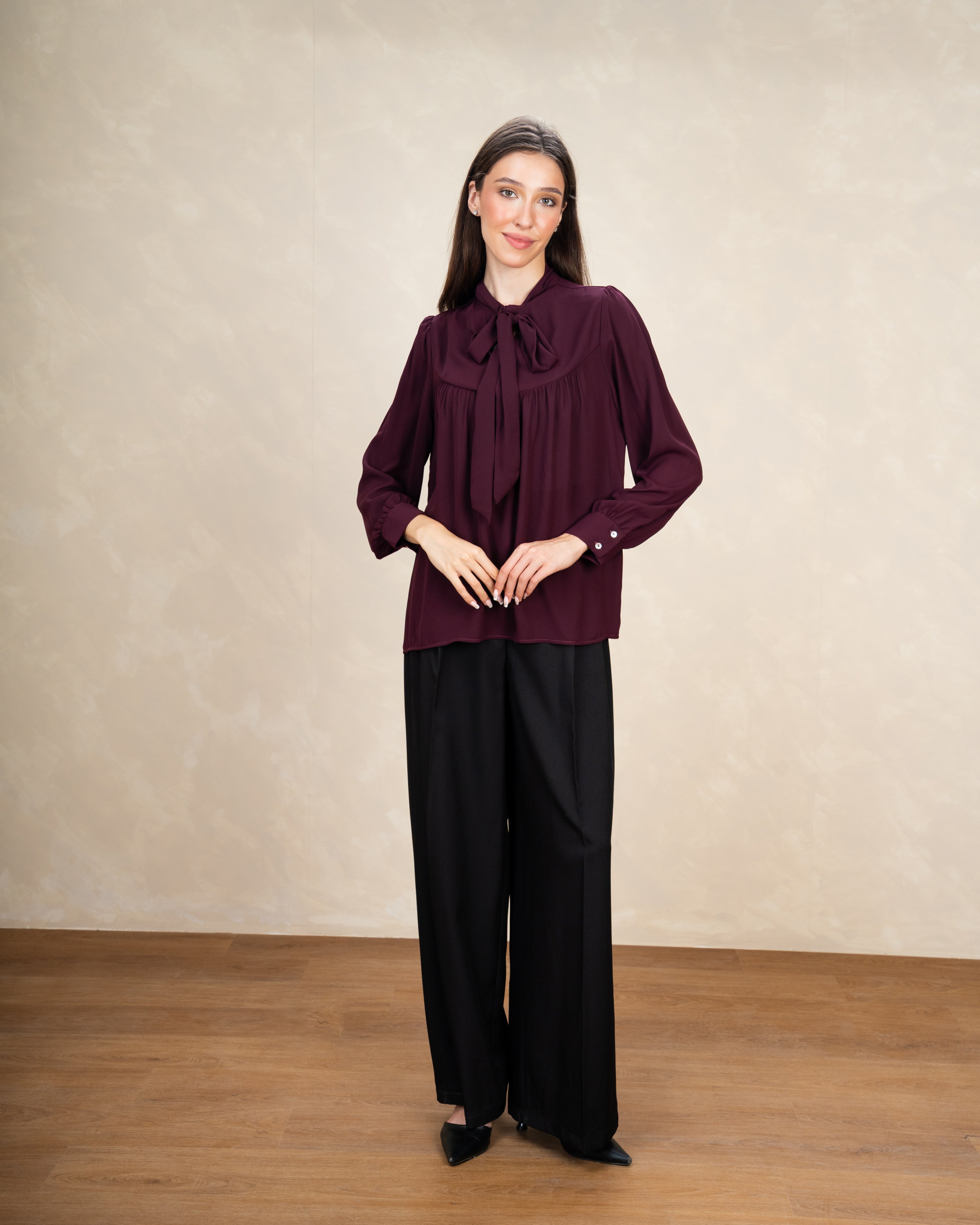Long Plain Blouse With Colorful Neck Tie