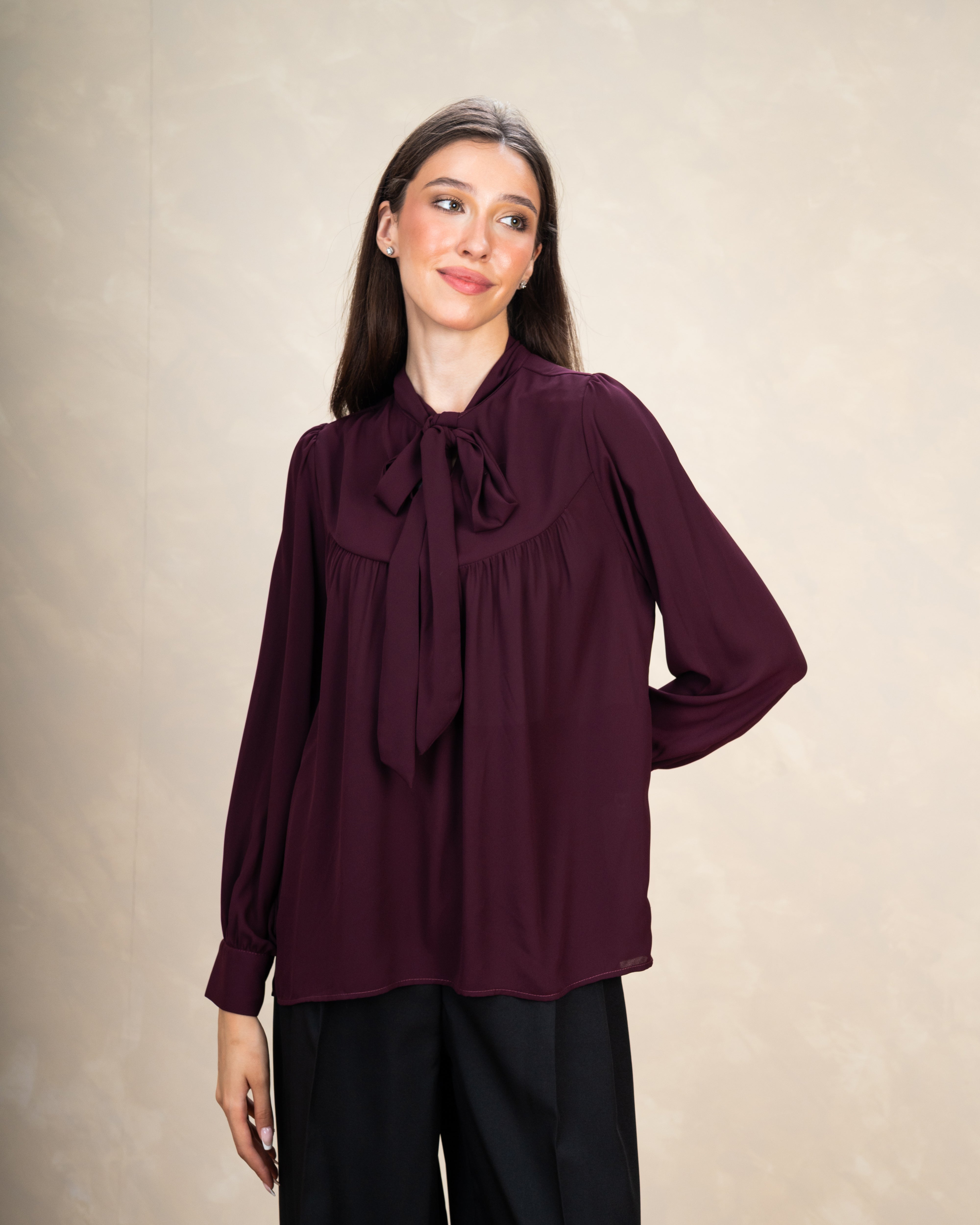 Long Plain Blouse With Colorful Neck Tie