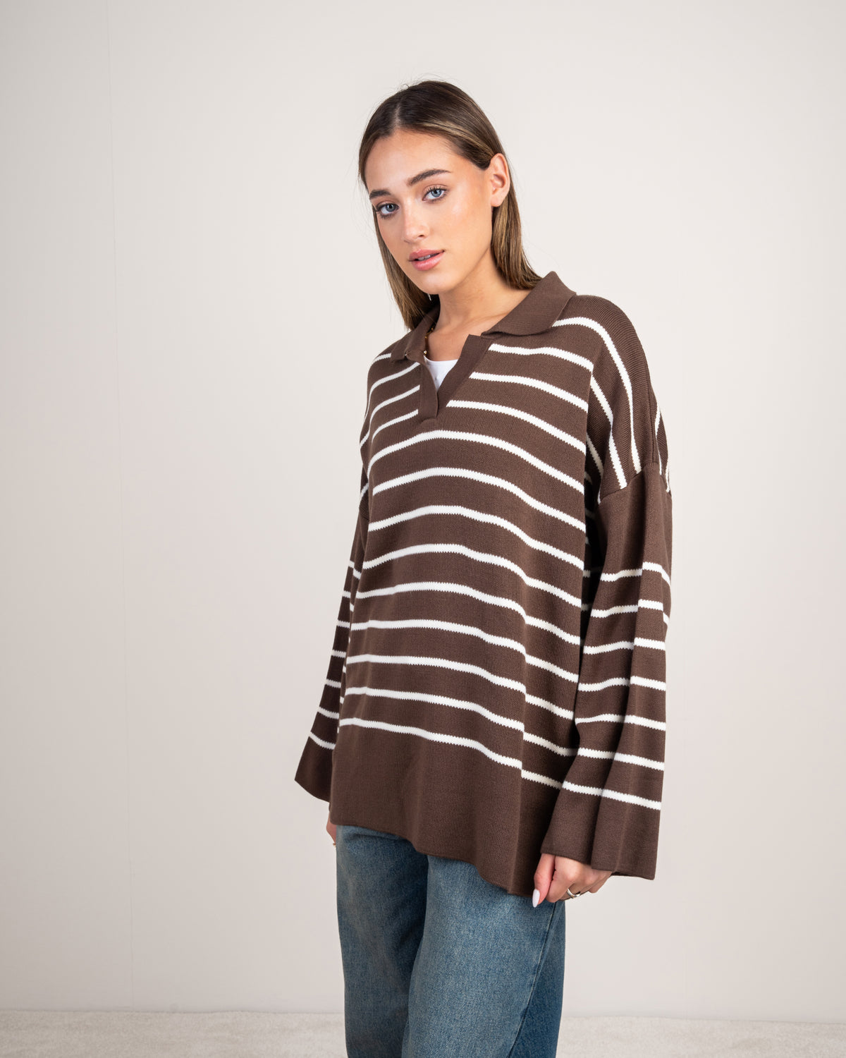 Striped Knitwear Pullover - With Long Collar