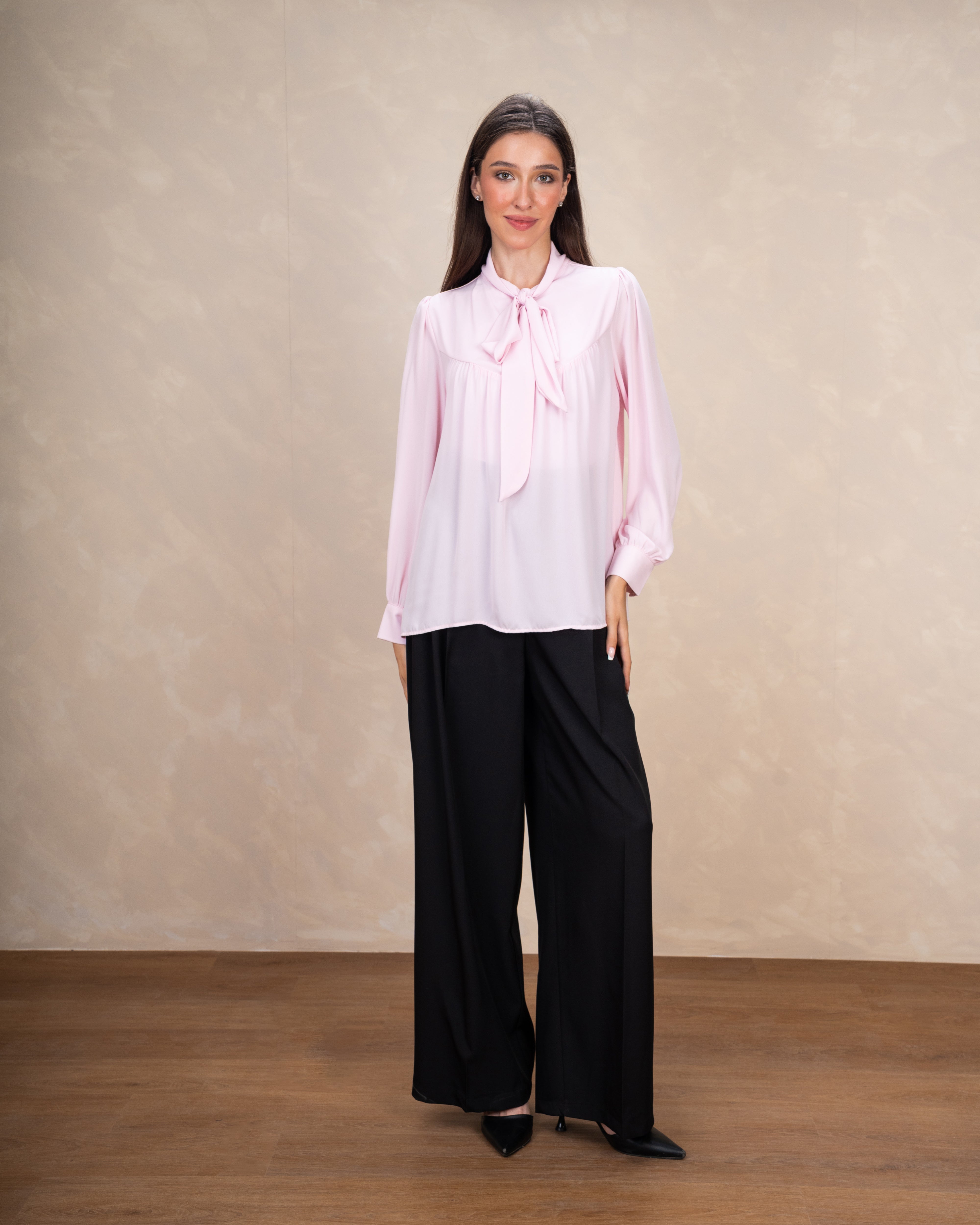Long Plain Blouse With Colorful Neck Tie