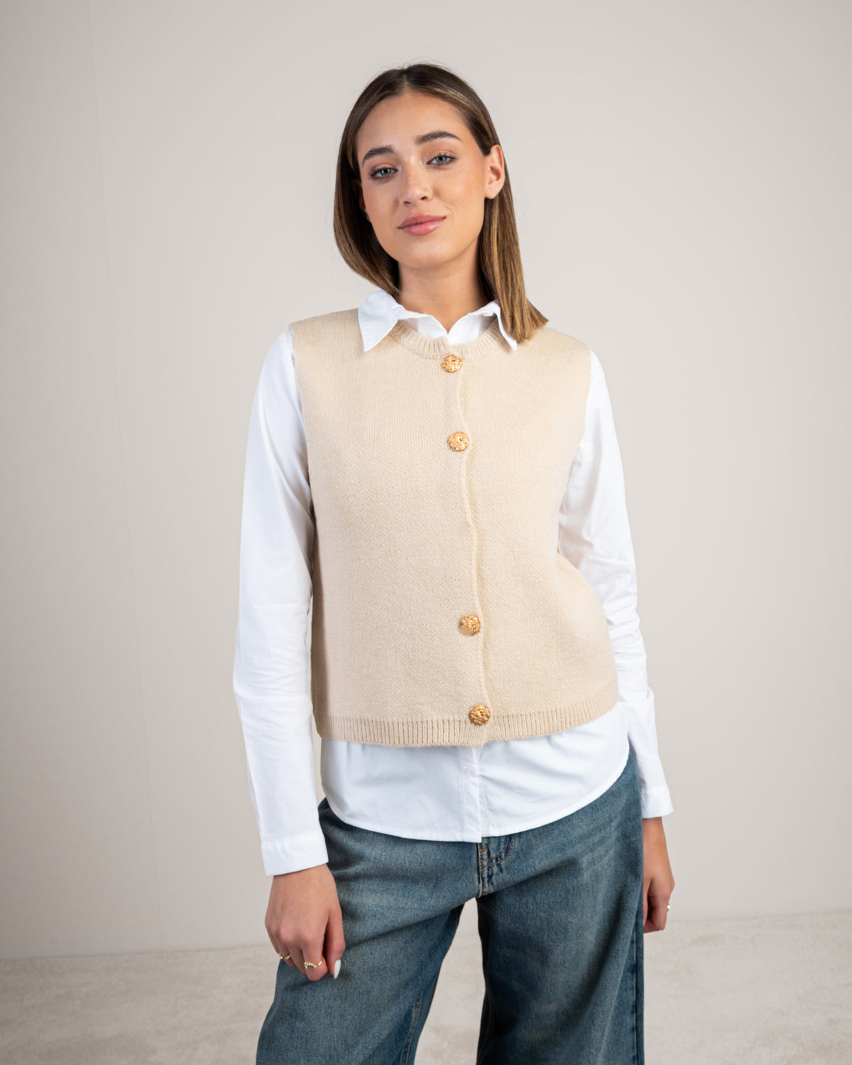 Gold Button Cropped Knitwear Vest