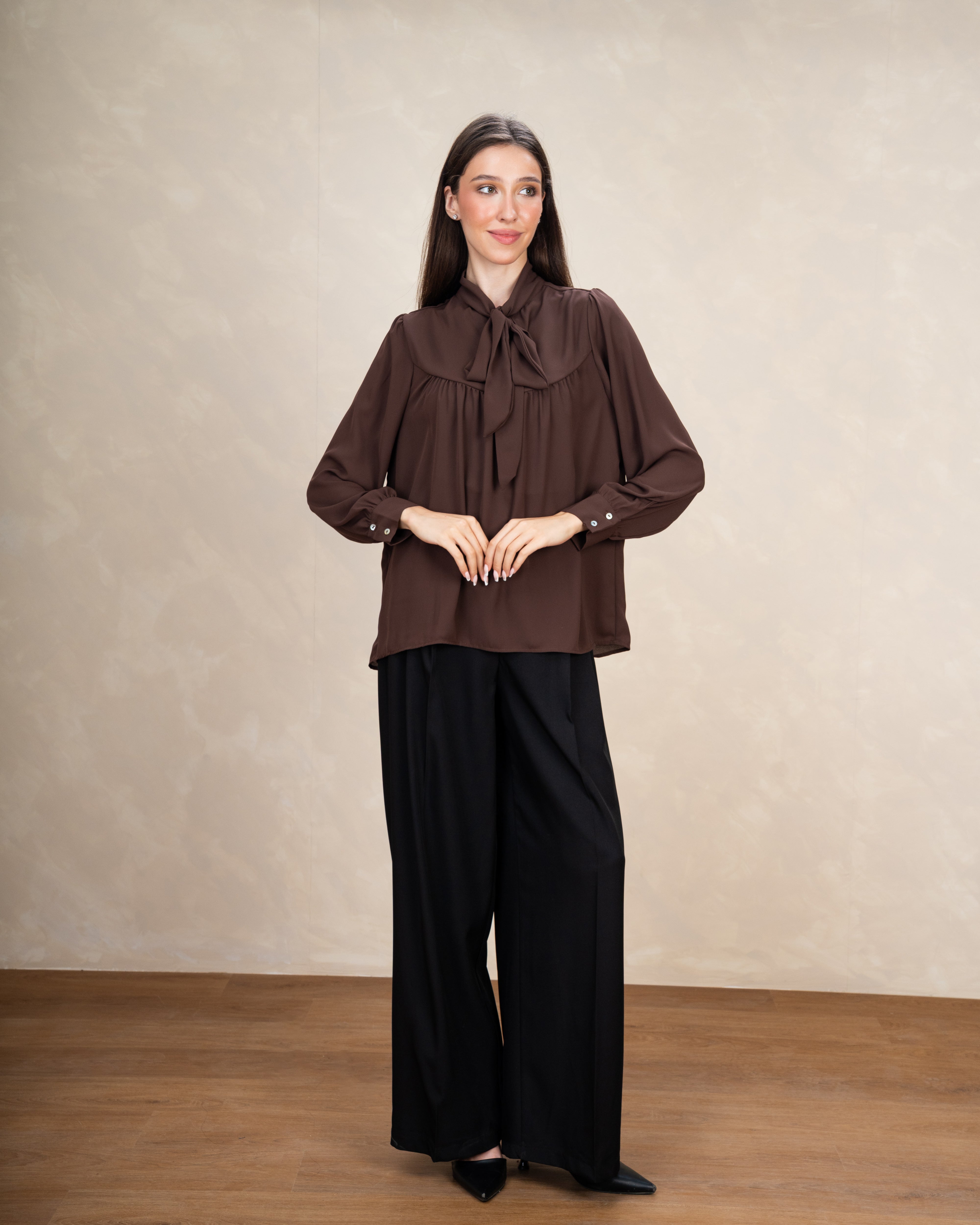 Long Plain Blouse With Colorful Neck Tie