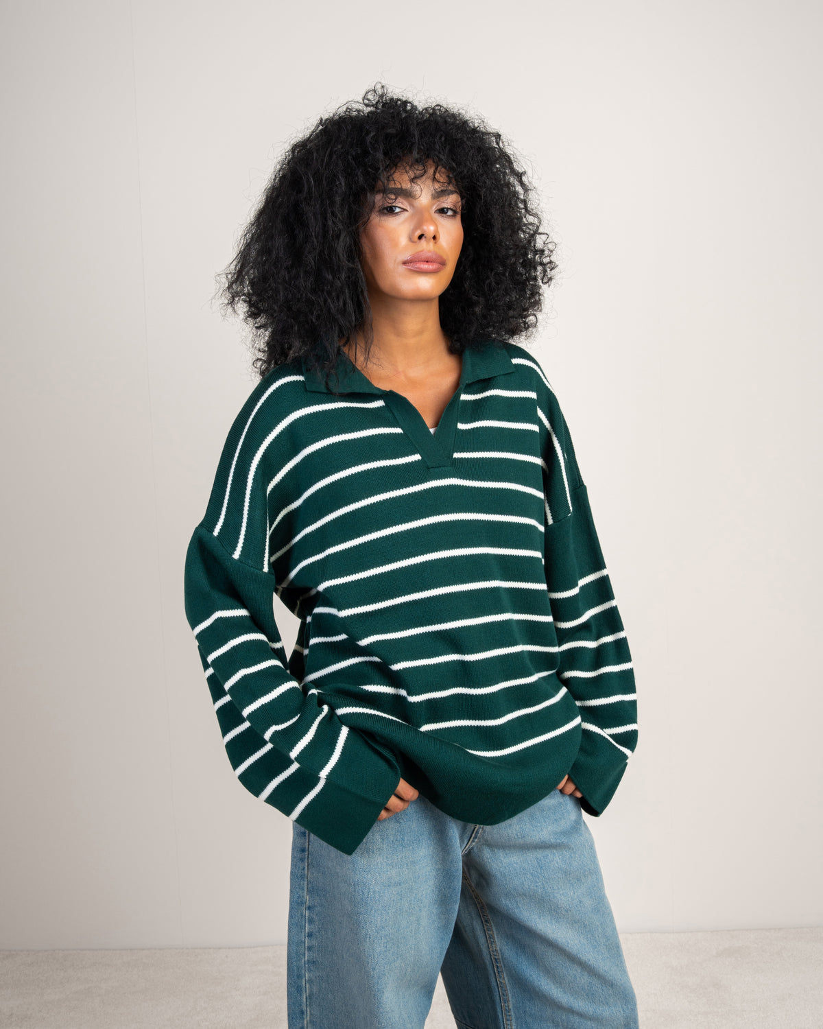 Striped Knitwear Pullover - With Long Collar