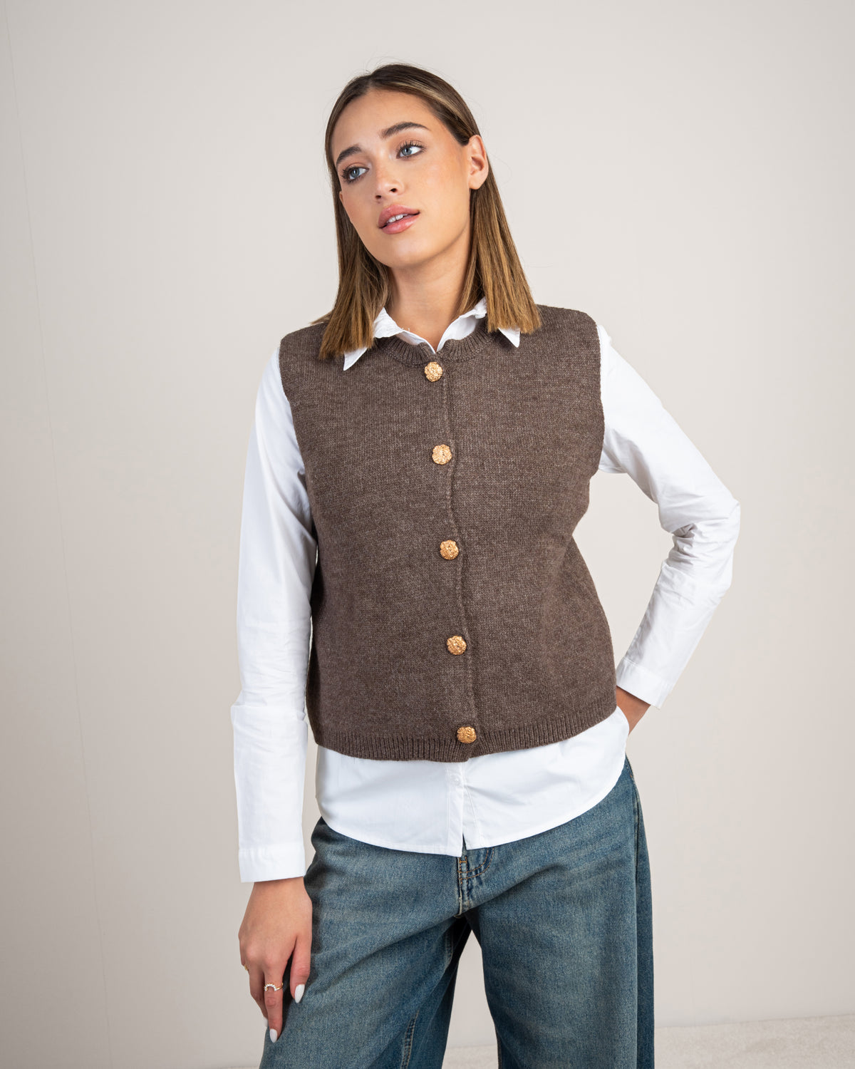 Gold Button Cropped Knitwear Vest