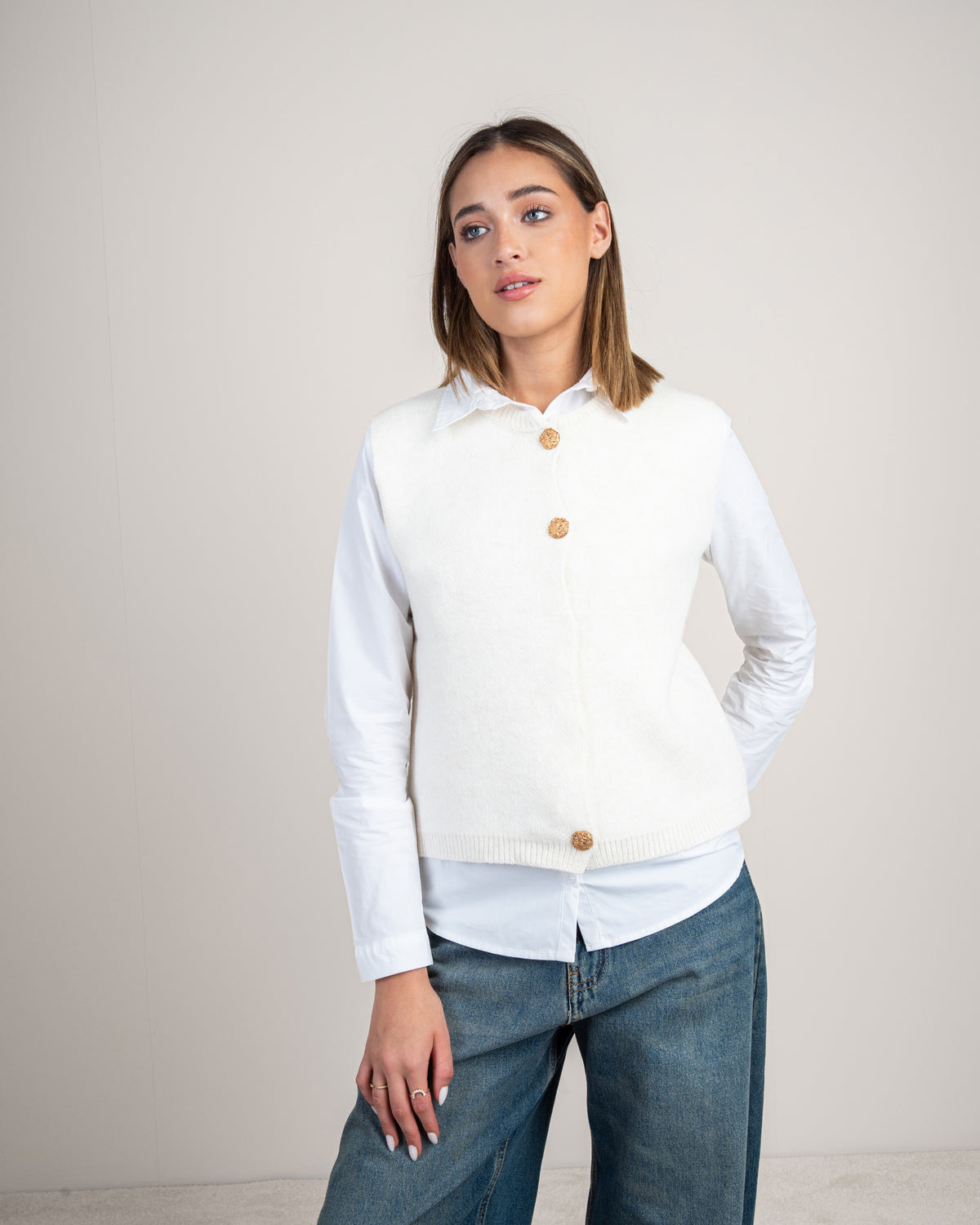 Gold Button Cropped Knitwear Vest