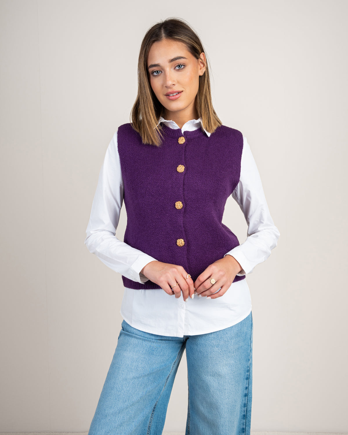 Gold Button Cropped Knitwear Vest