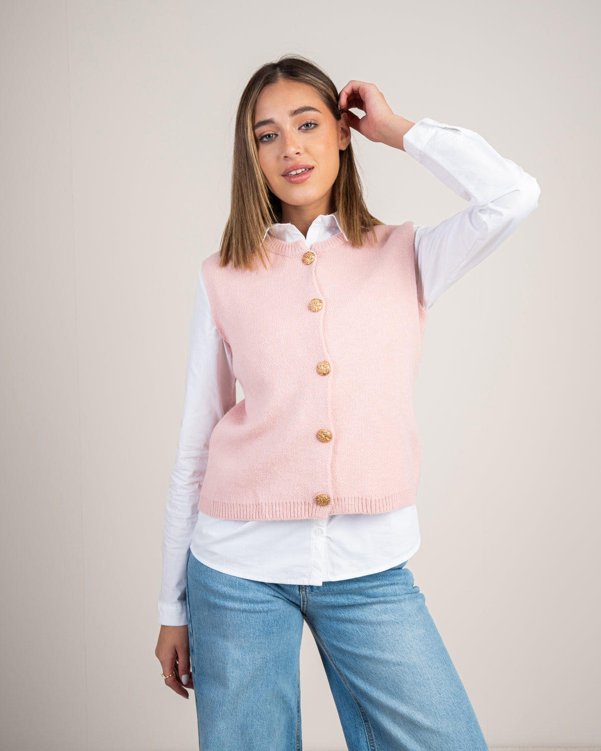 Gold Button Cropped Knitwear Vest