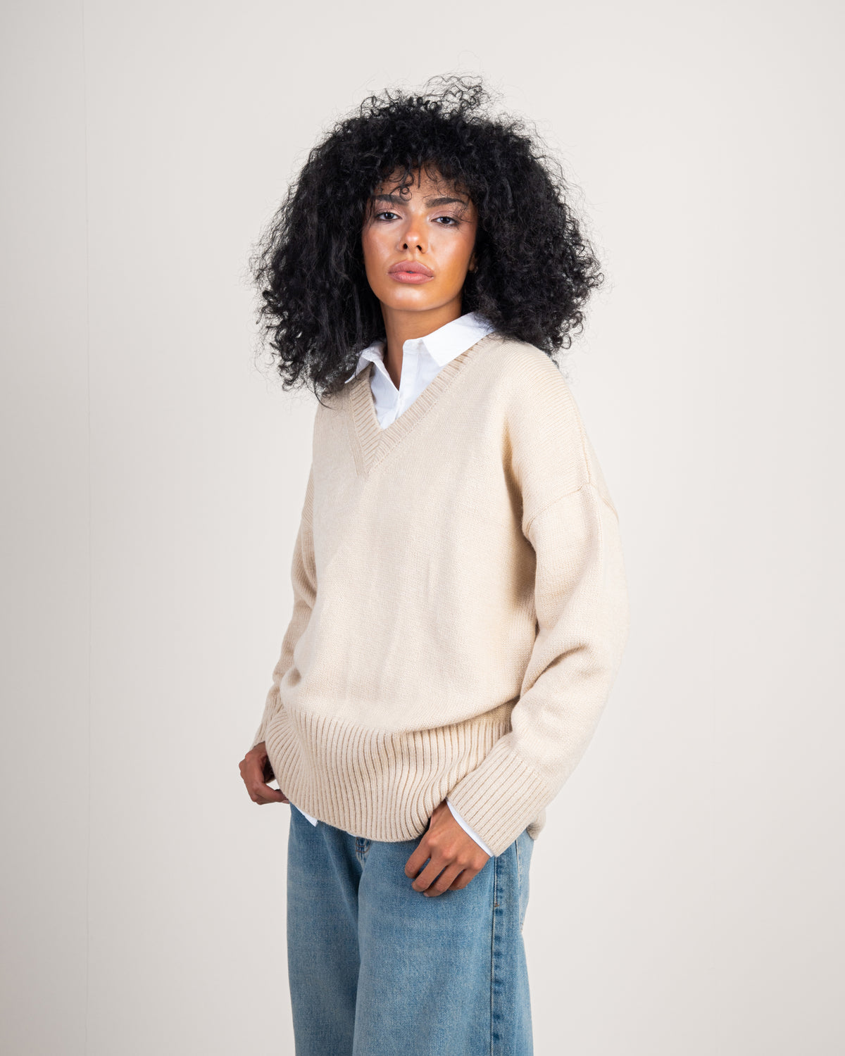 Plain V-Neck Knitwear Pullover