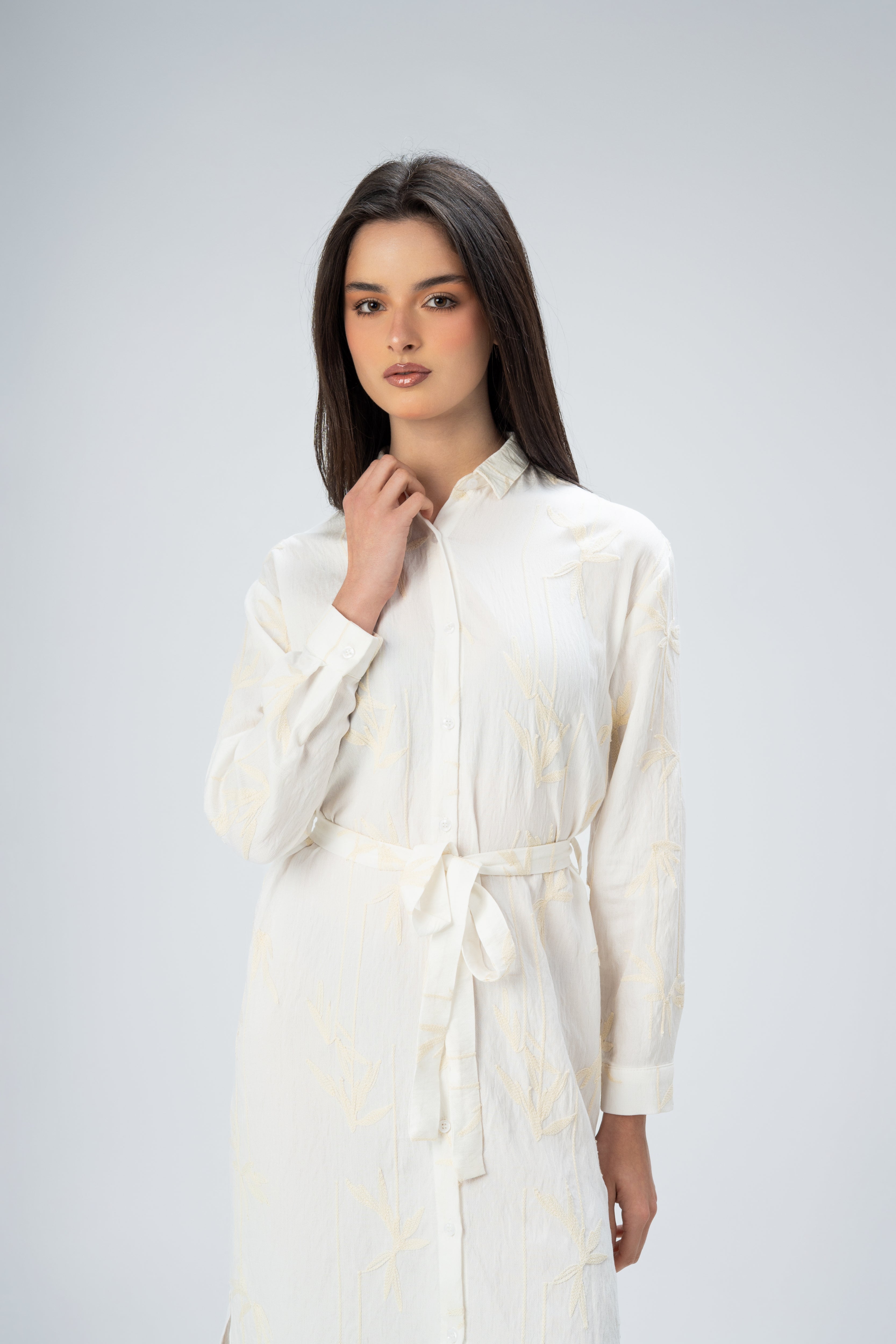 Short Floral Embroidered - Dress With Belt