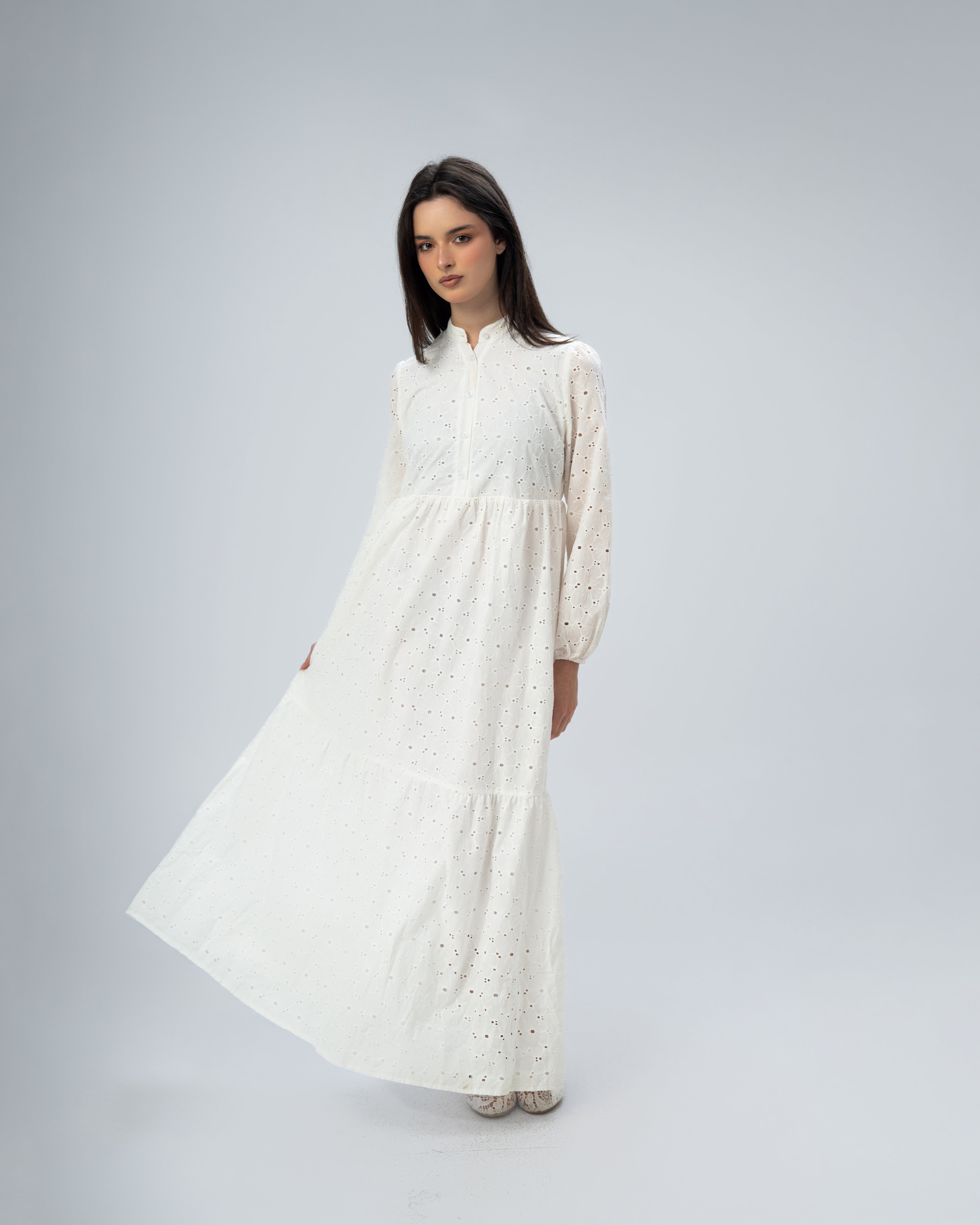 Embroidered Cotton - Dress With Elastic Cuffs