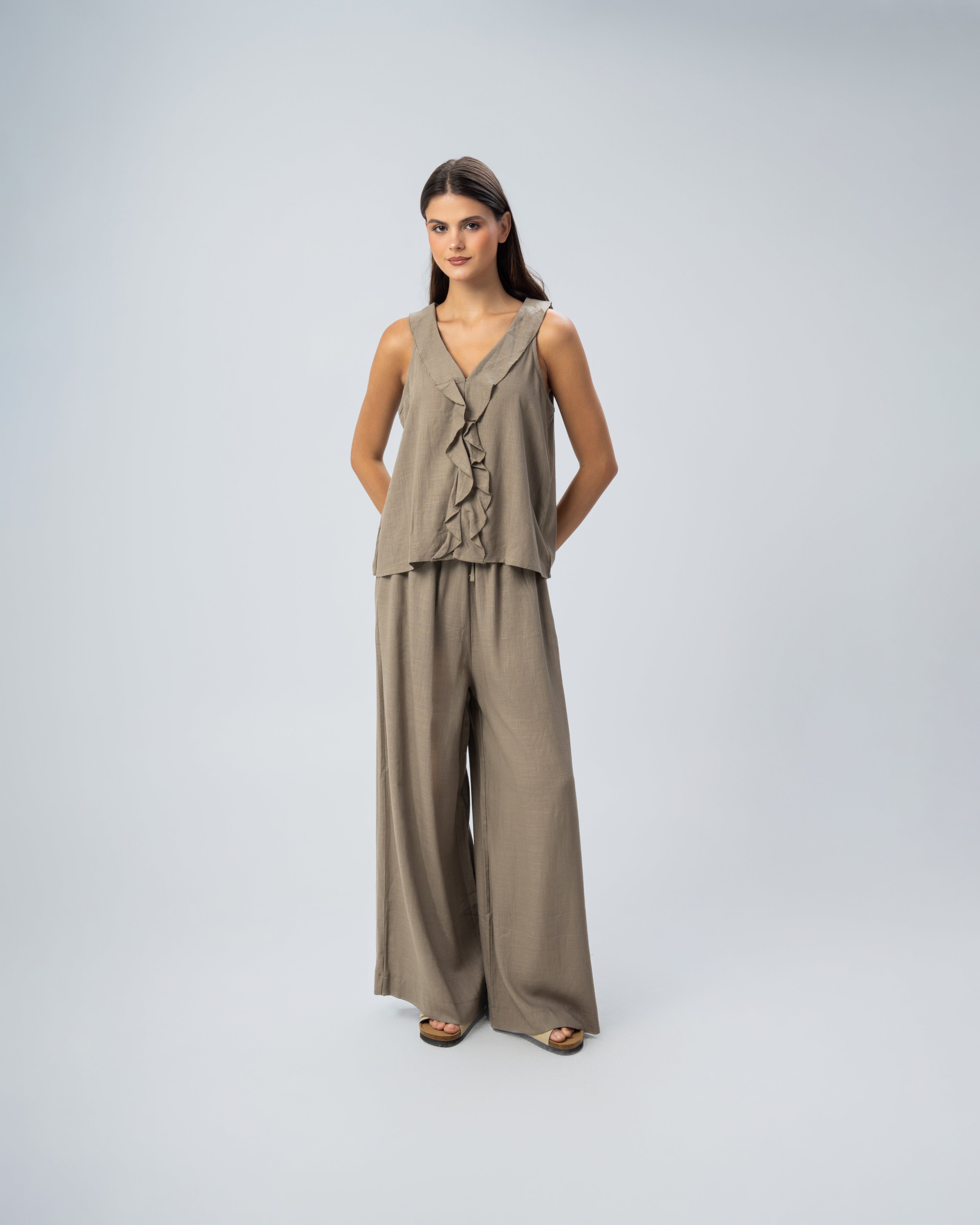 Sleeveless V-Neck Ruffled Linen Blouse