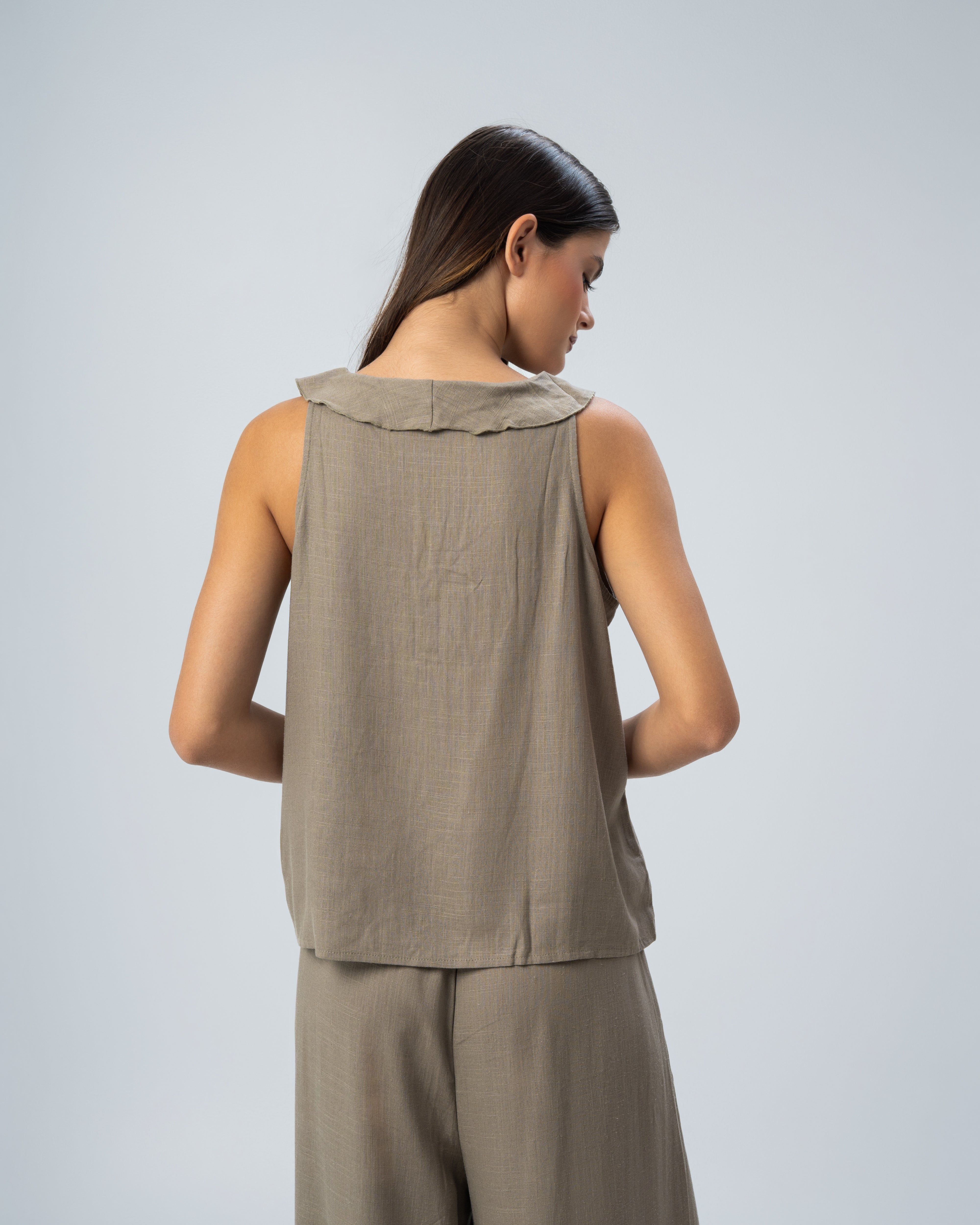 Sleeveless V-Neck Ruffled Linen Blouse