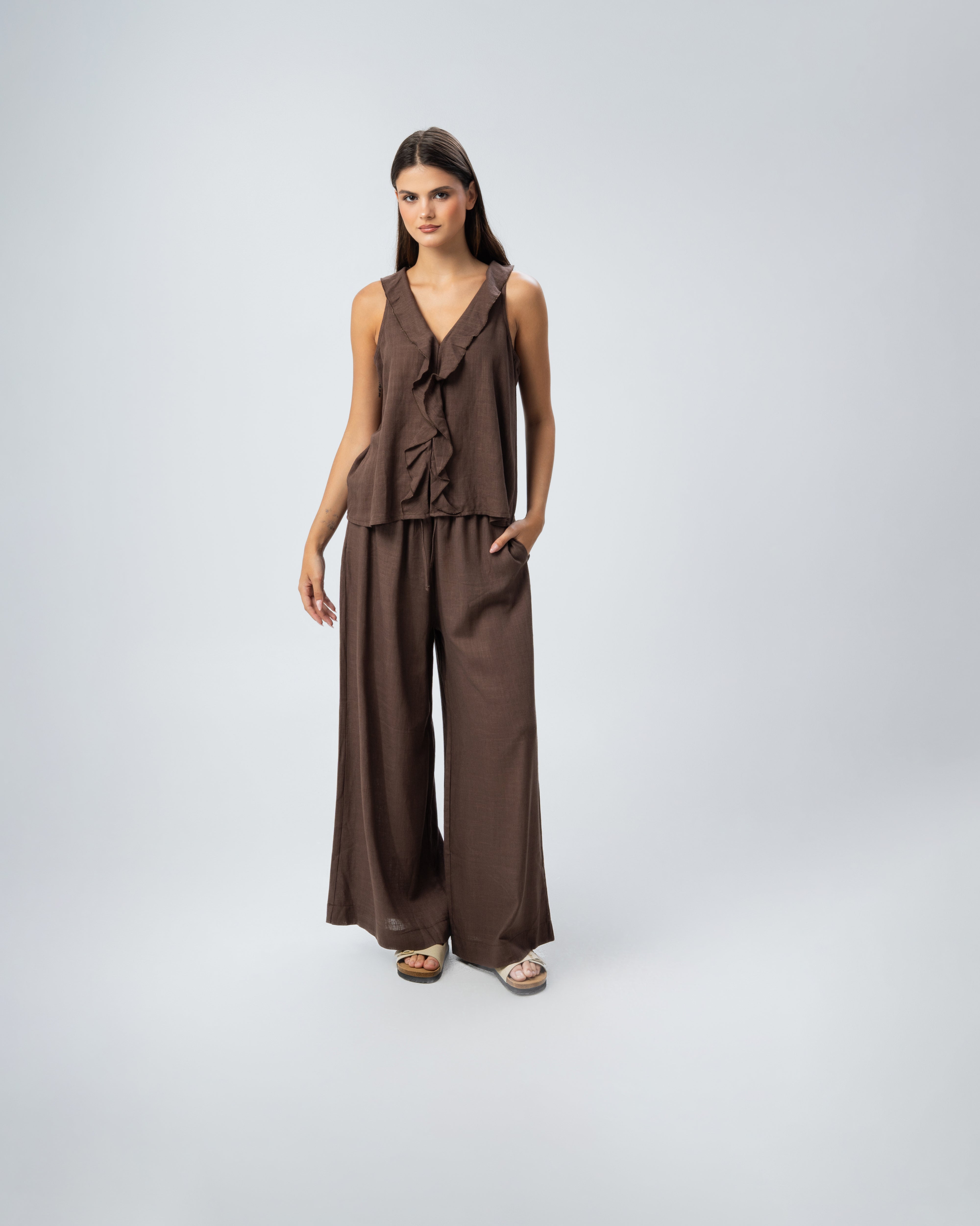 Sleeveless V-Neck Ruffled Linen Blouse