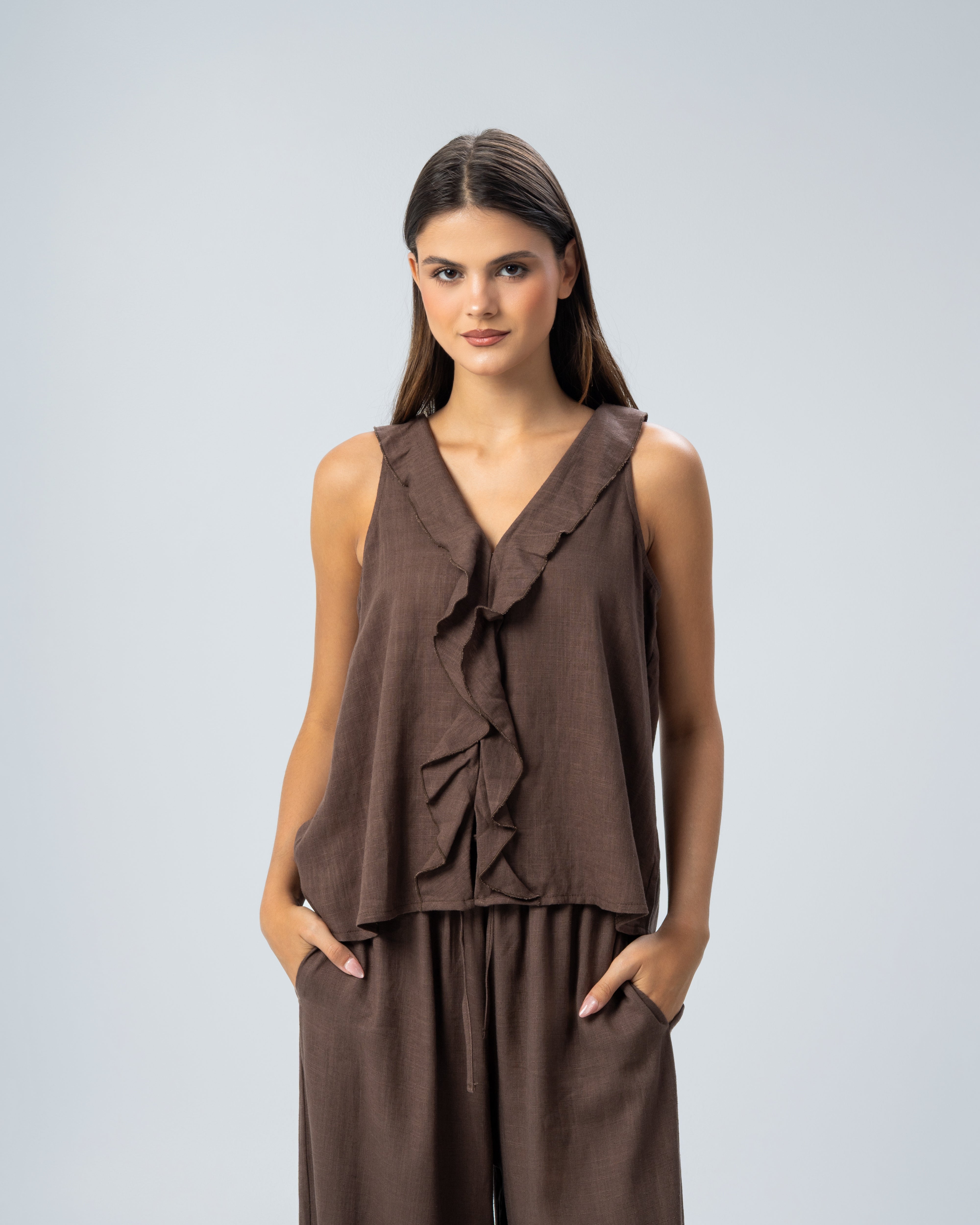 Sleeveless V-Neck Ruffled Linen Blouse