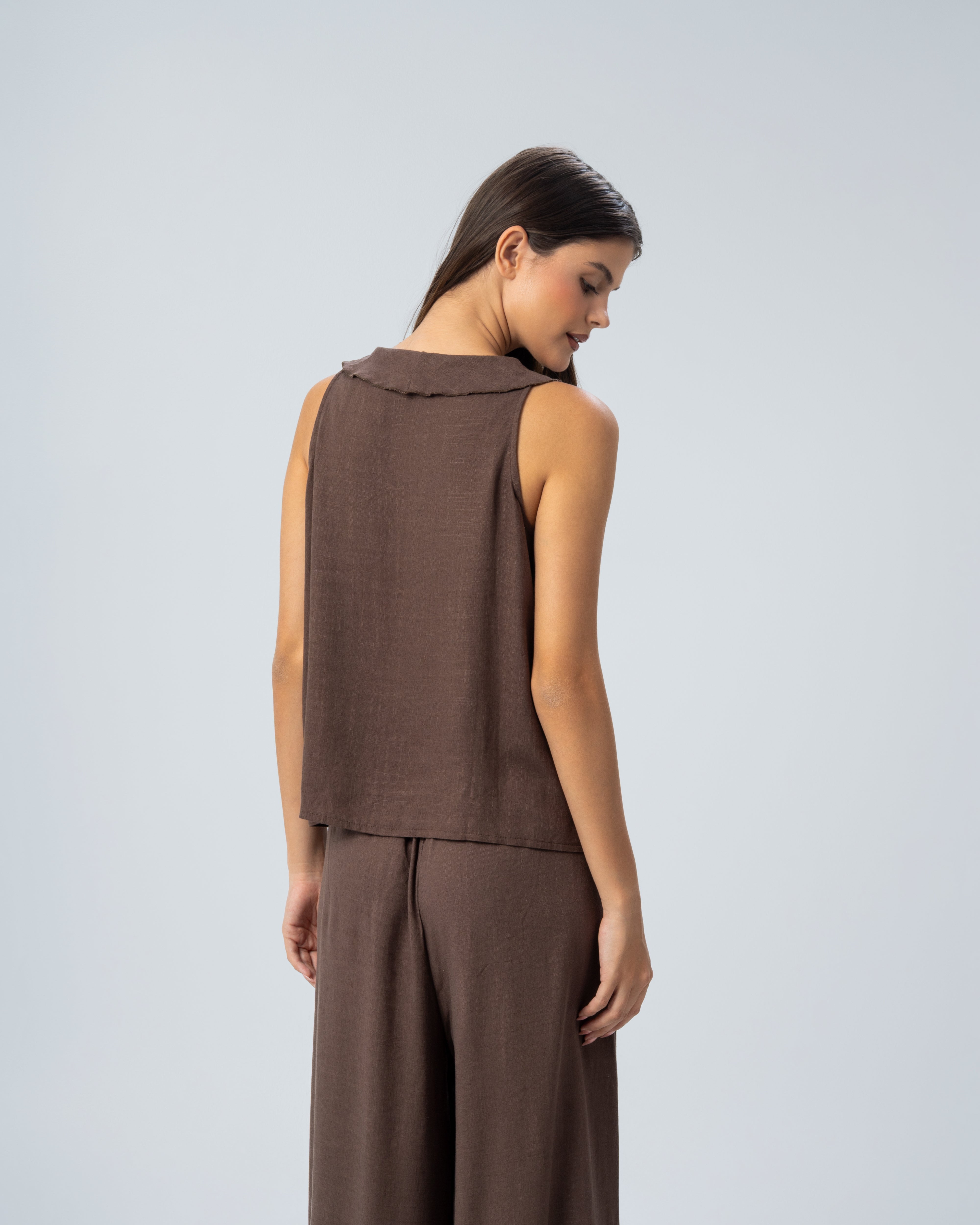 Sleeveless V-Neck Ruffled Linen Blouse