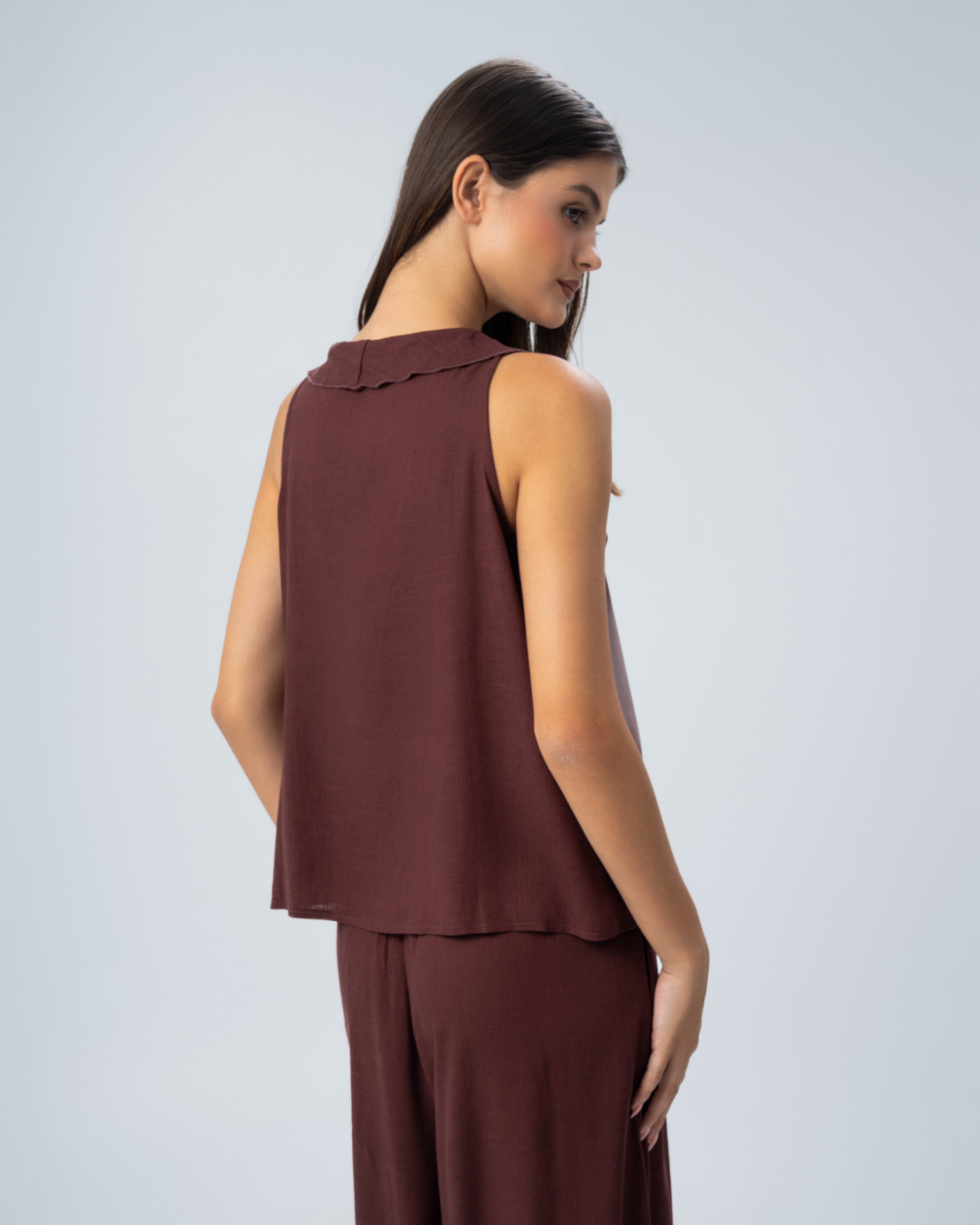 Sleeveless V-Neck Ruffled Linen Blouse