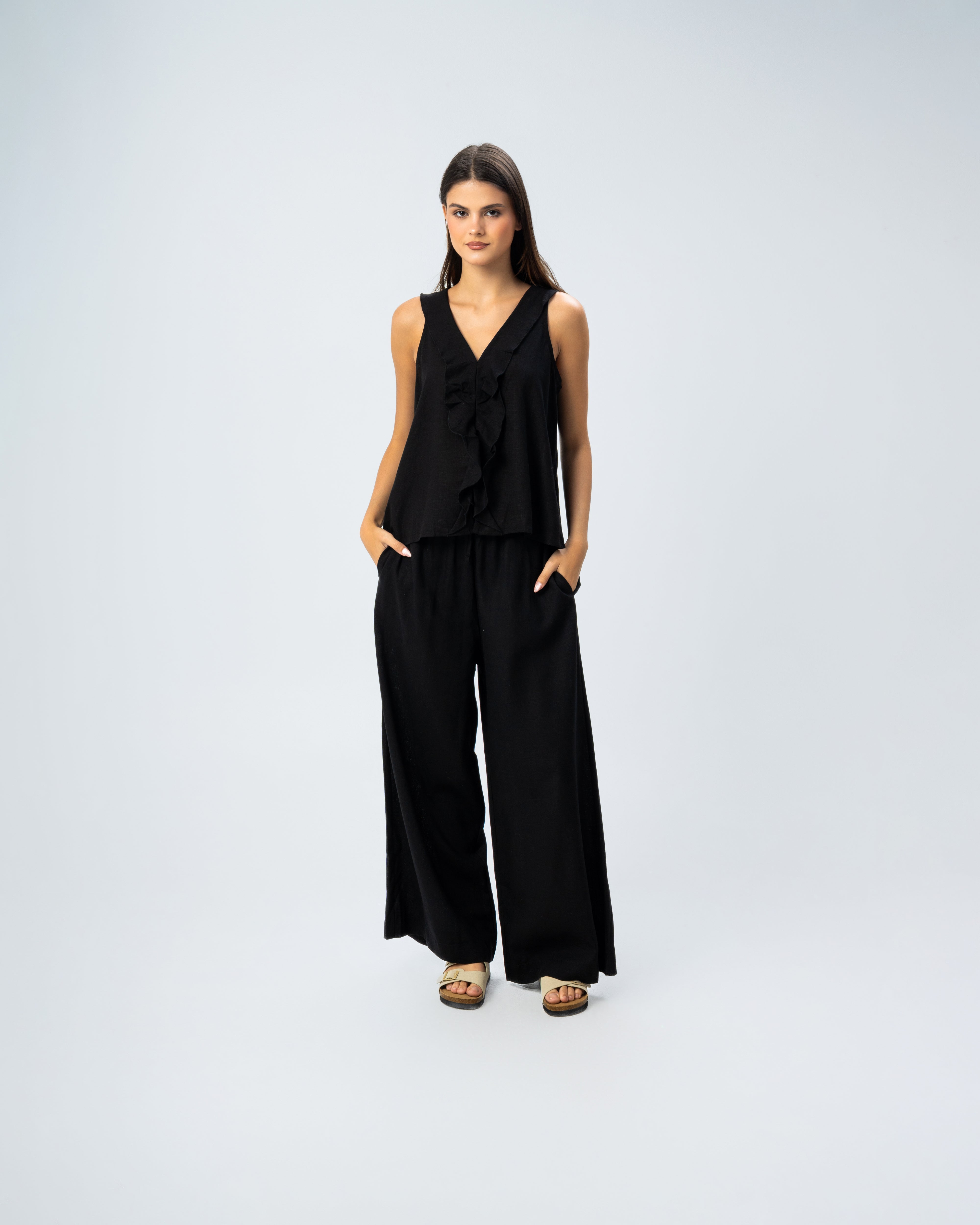 Sleeveless V-Neck Ruffled Linen Blouse