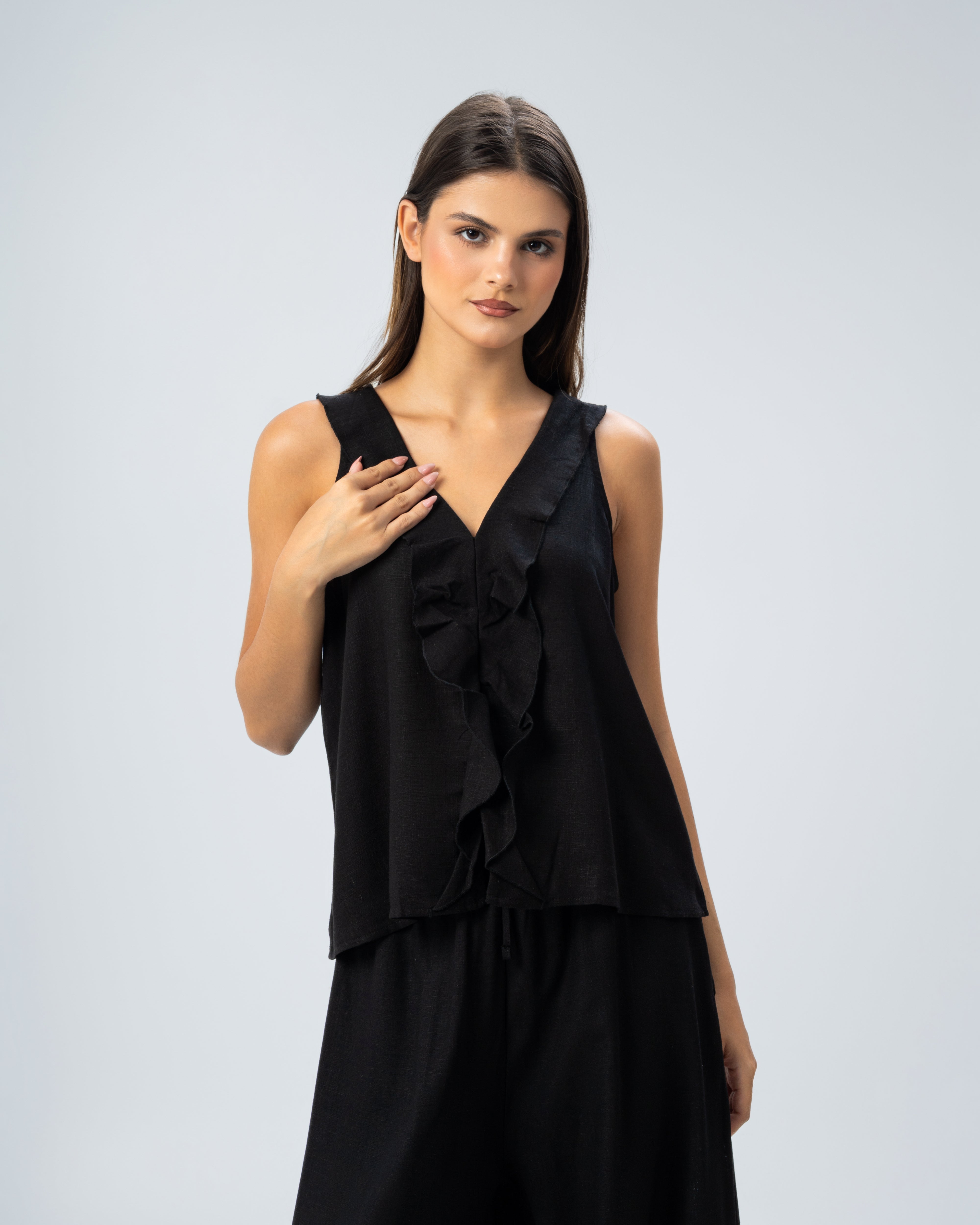 Sleeveless V-Neck Ruffled Linen Blouse