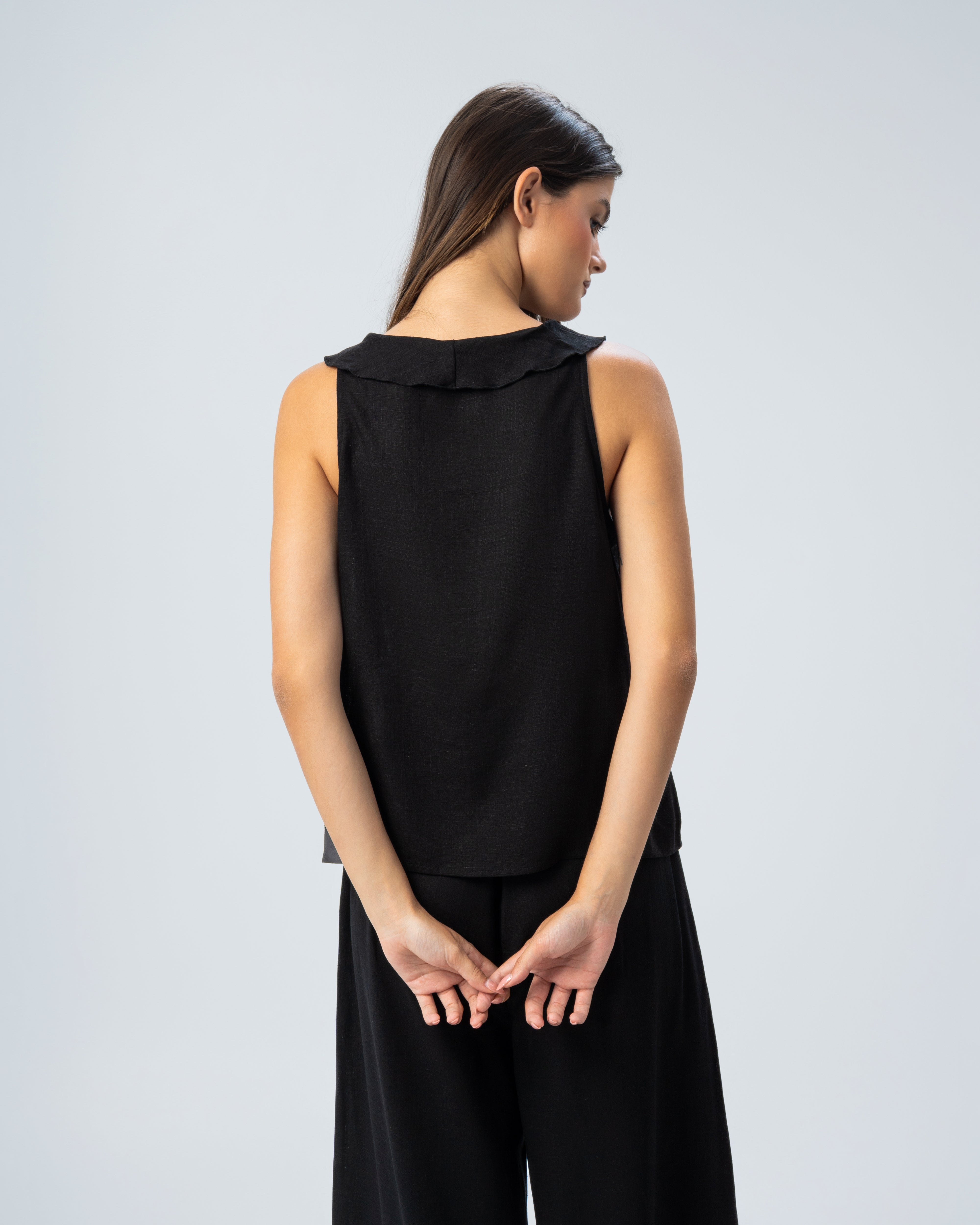 Sleeveless V-Neck Ruffled Linen Blouse