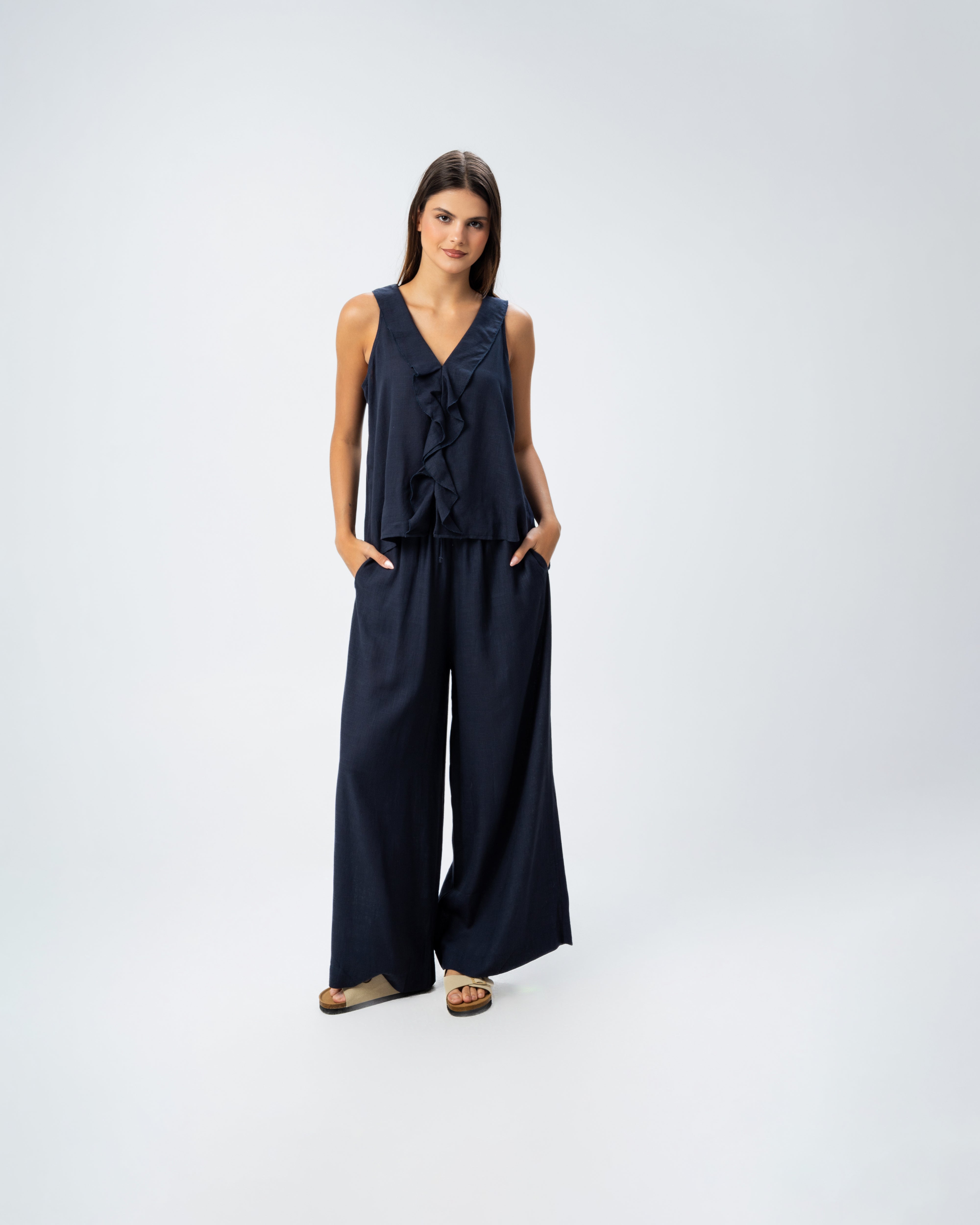 Sleeveless V-Neck Ruffled Linen Blouse