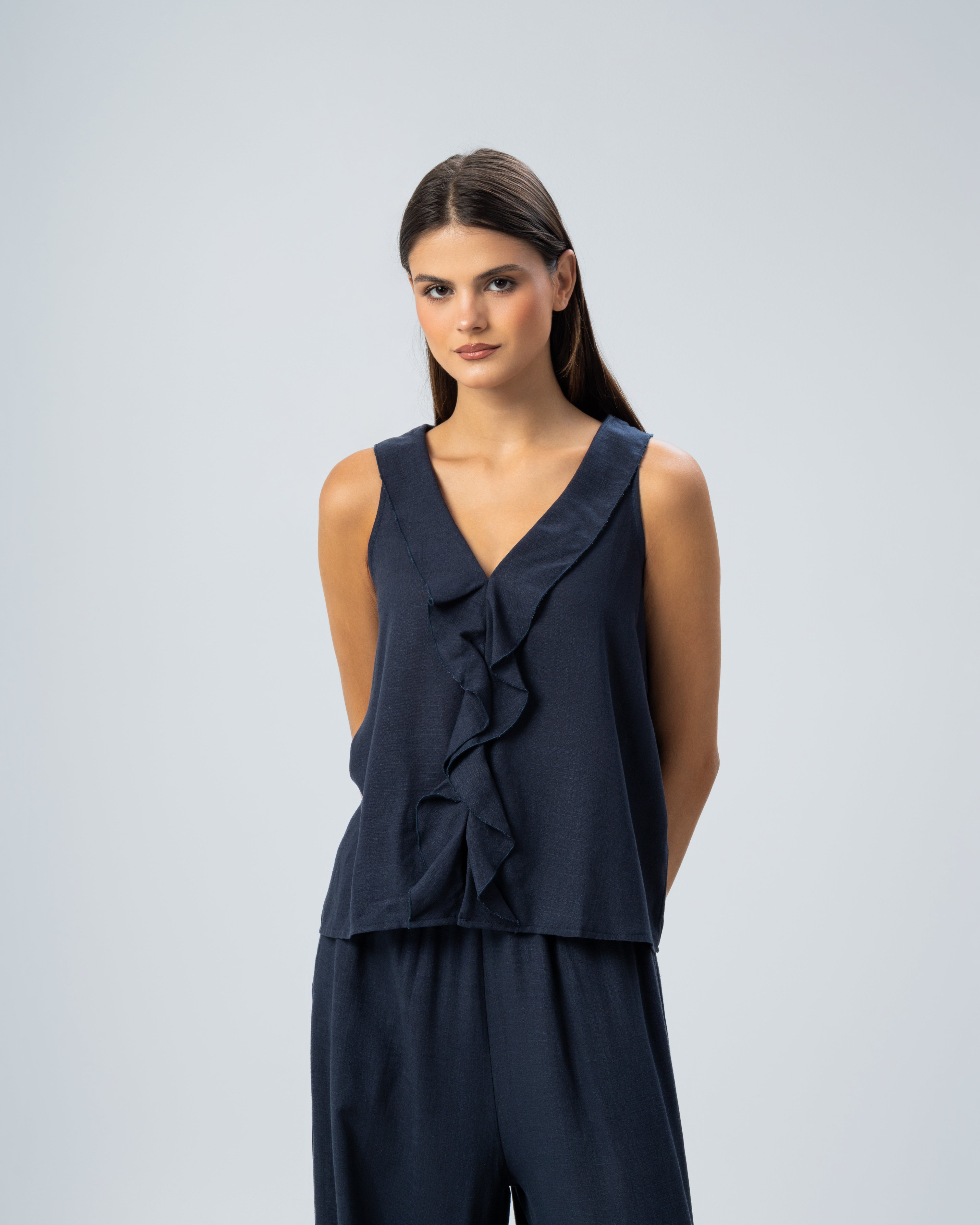 Sleeveless V-Neck Ruffled Linen Blouse