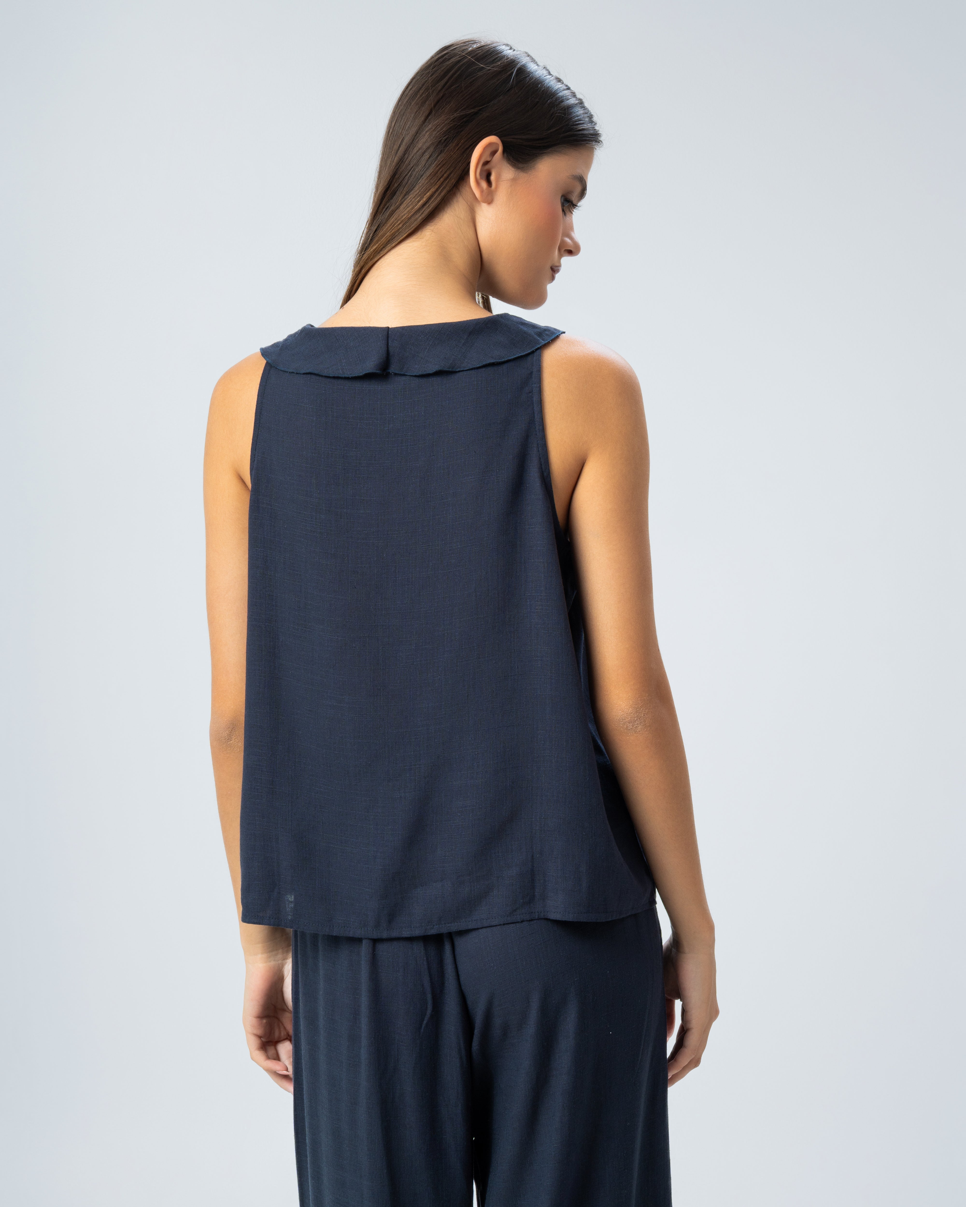 Sleeveless V-Neck Ruffled Linen Blouse