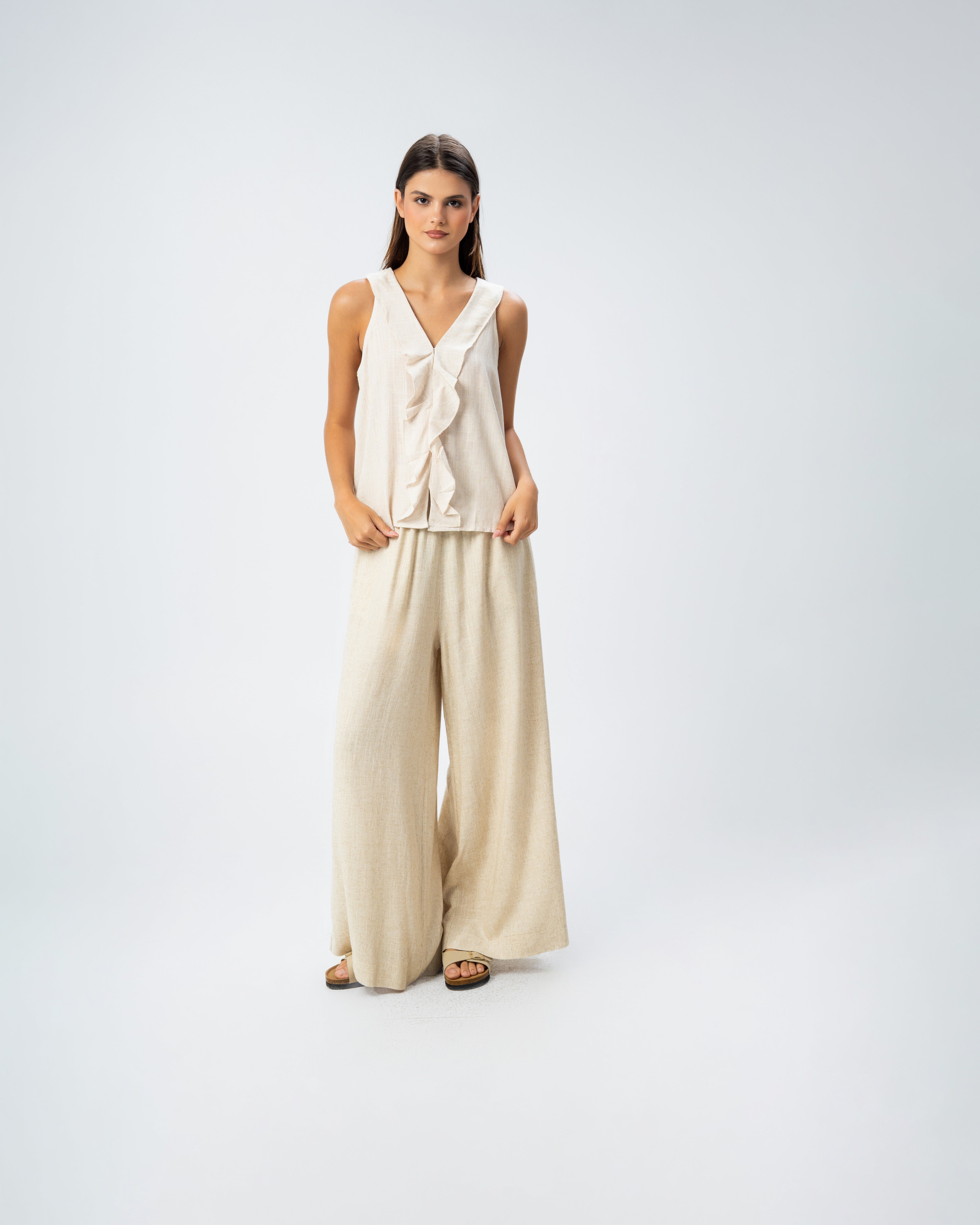 Sleeveless V-Neck Ruffled Linen Blouse