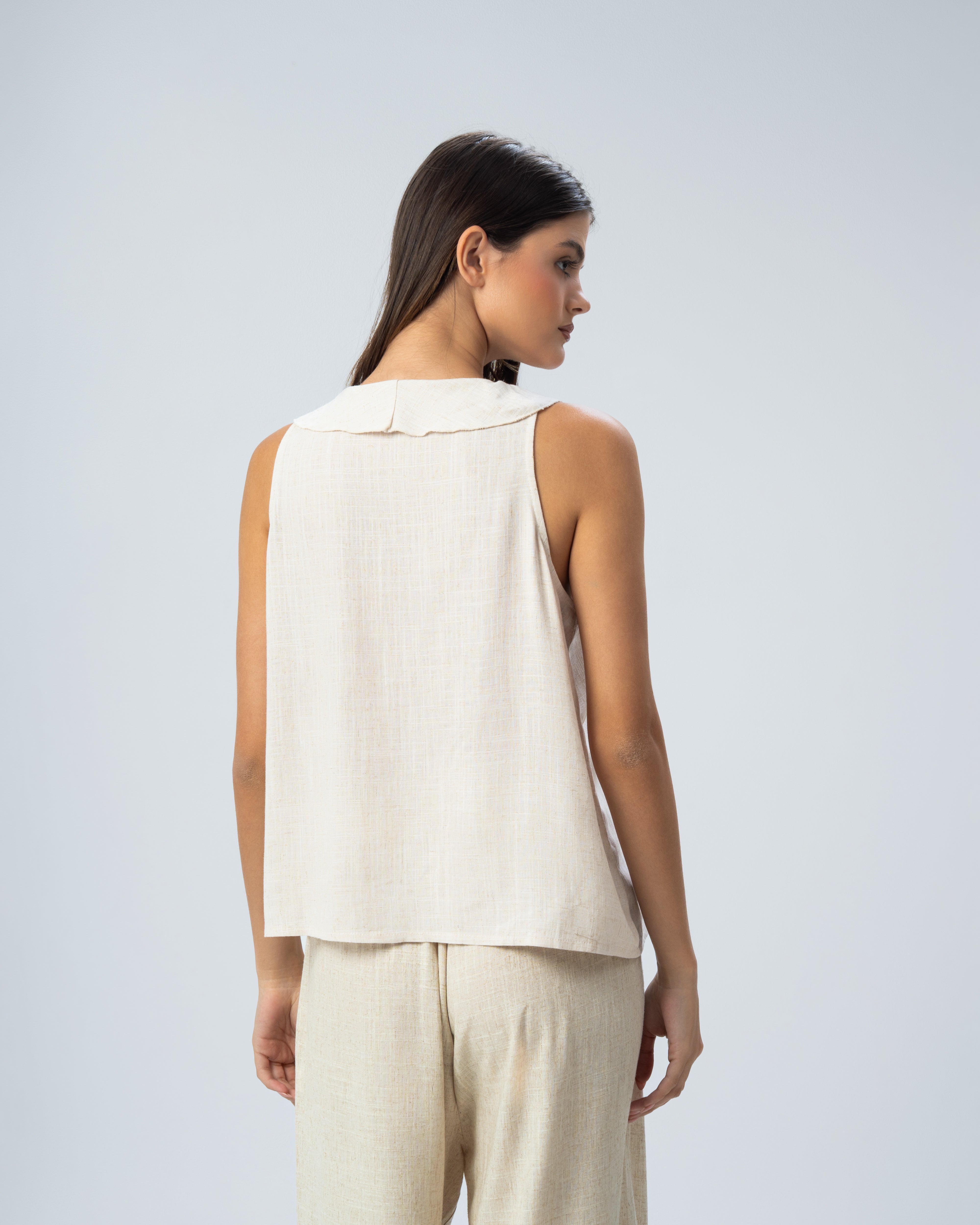 Sleeveless V-Neck Ruffled Linen Blouse